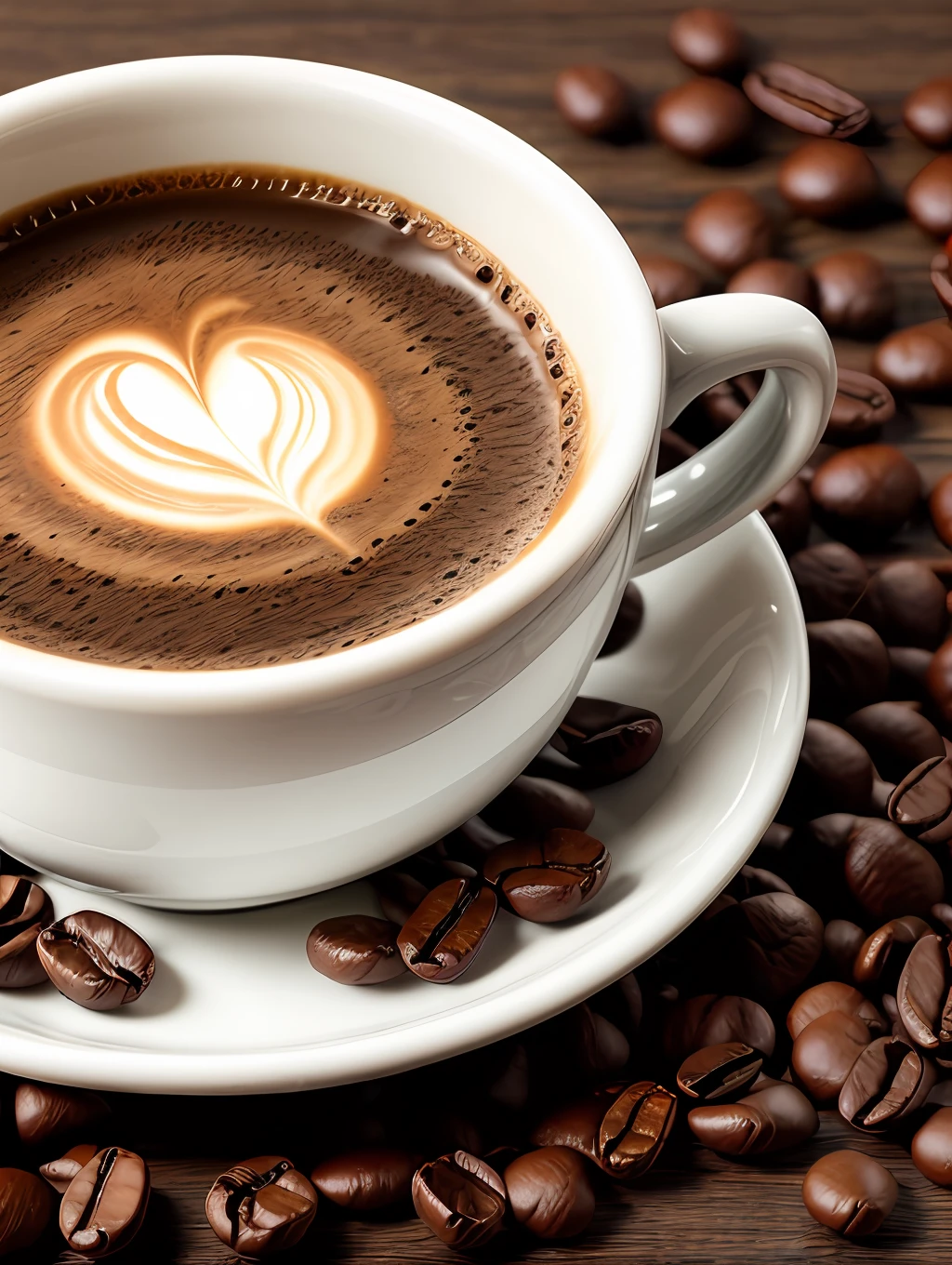 A cup of hot coffee, fumaca, coffee beans, realista, mesa, prensa francesa, intrincada, desfoque de fundo