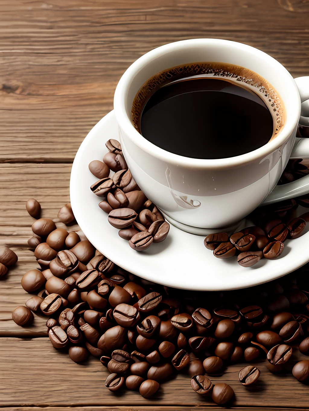 A cup of hot coffee, fumaca, coffee beans, realista, mesa, prensa francesa, intrincada, desfoque de fundo