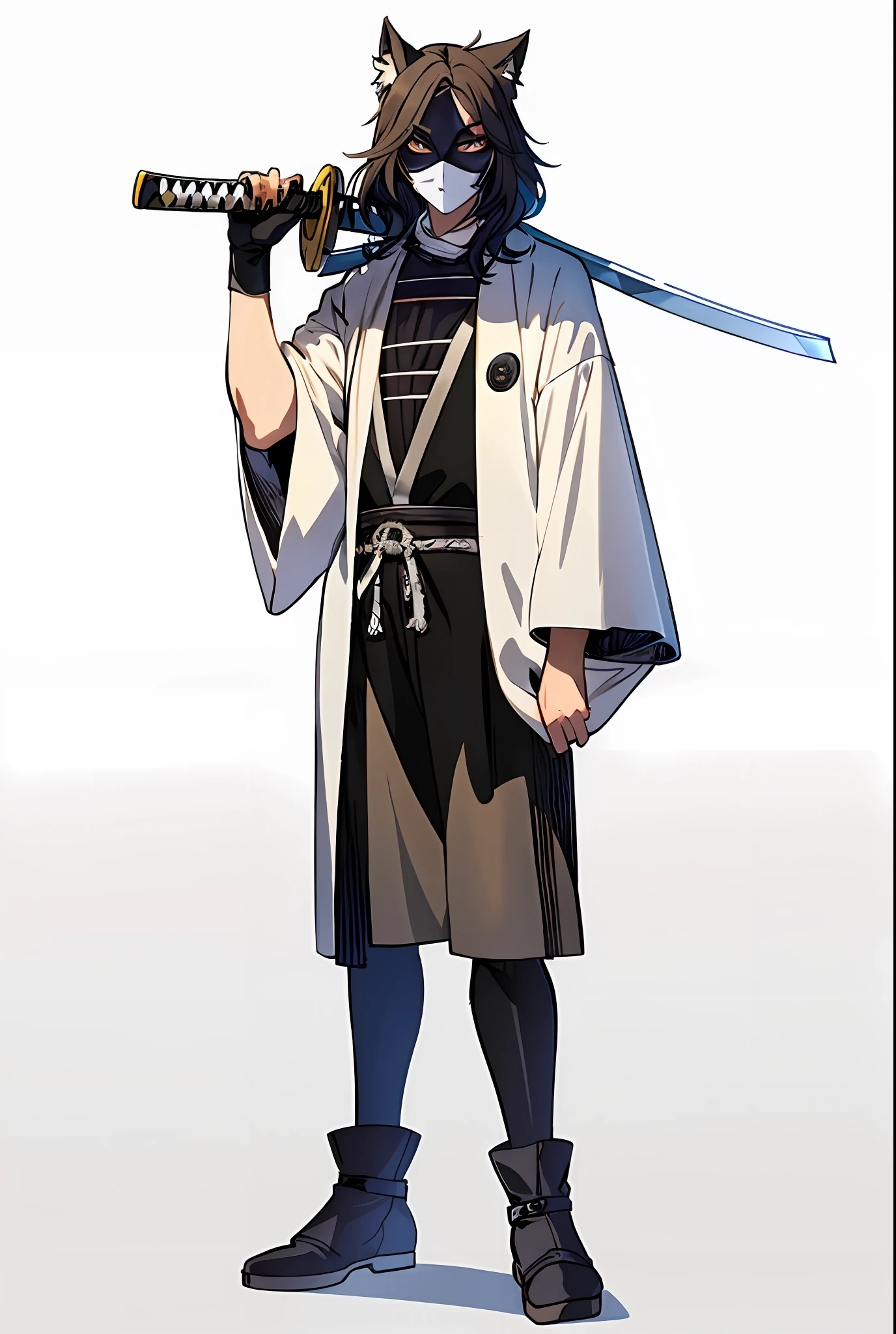 a closeup of a person with a katana in hand, design de personagens de anime, anime full body illustration, personagem estilo anime, mascara de lobo, capuz