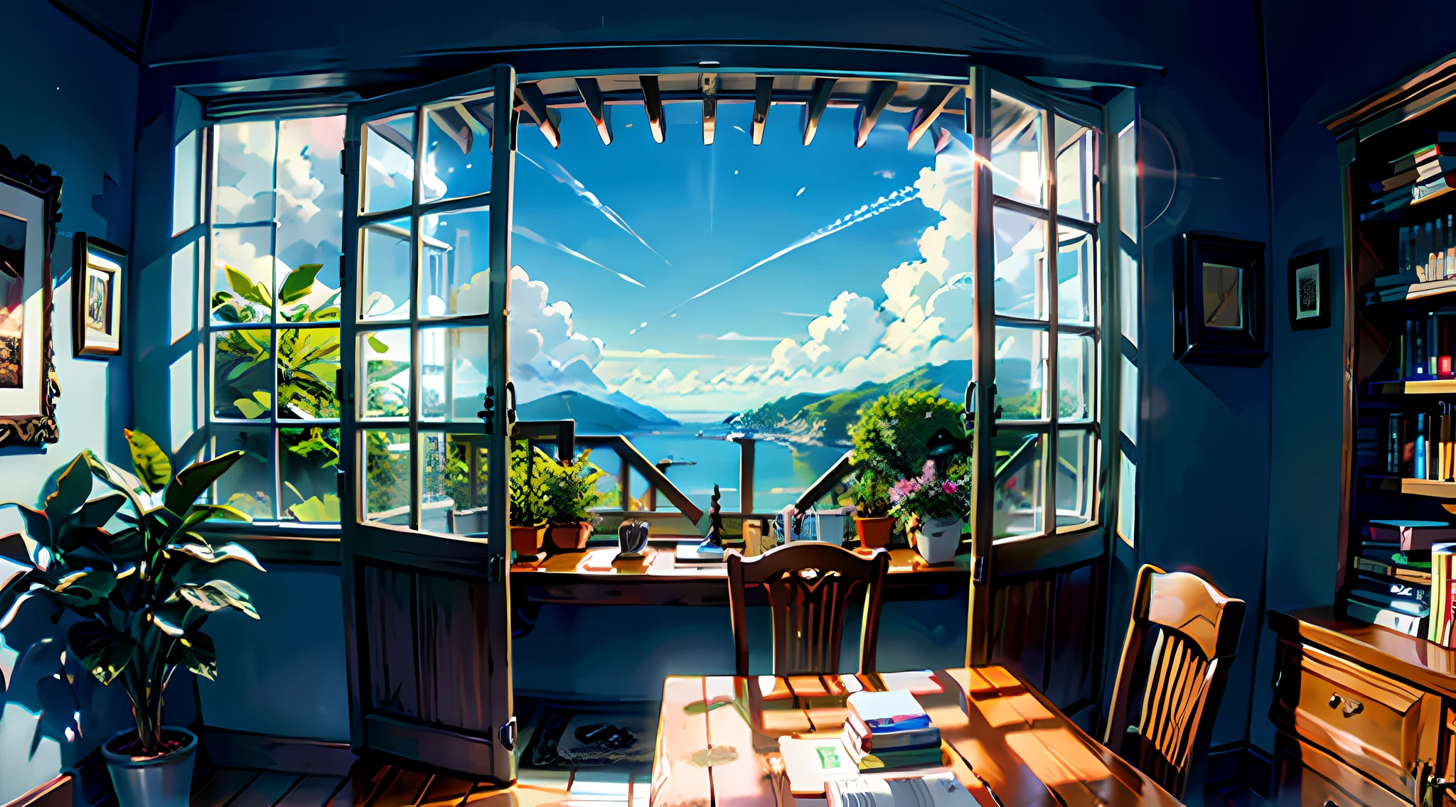 masterpiece, best quality,Sunshine,Room,Flowers and plants,Blue Sky,Wooden room,Bookshelf,Study,Glass window,Scenery,Afternoon,Light perception,dark halo,
