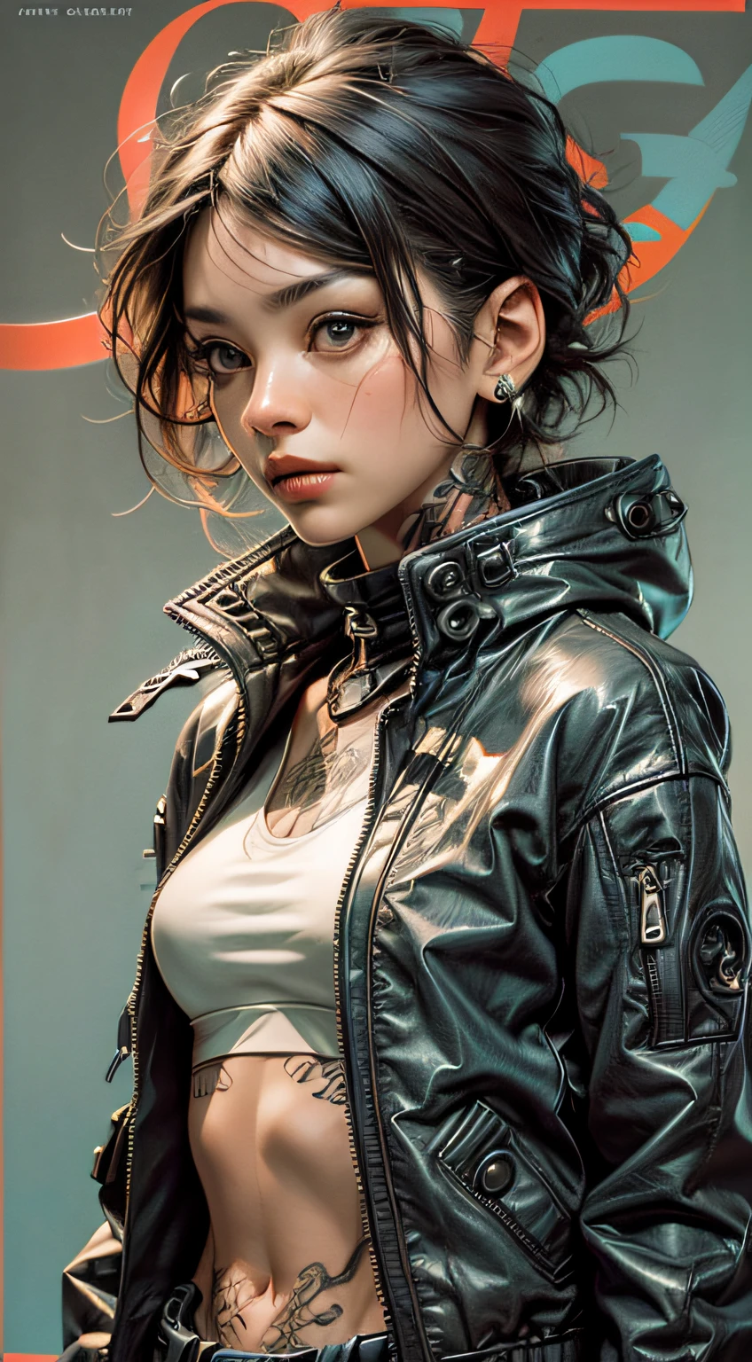 magazine cover,realistic,photo,35mm,cinematic(1woman with super puffer balenciaga jacket with short hair,neck tattoos)colorful background graphite,ultra sharp