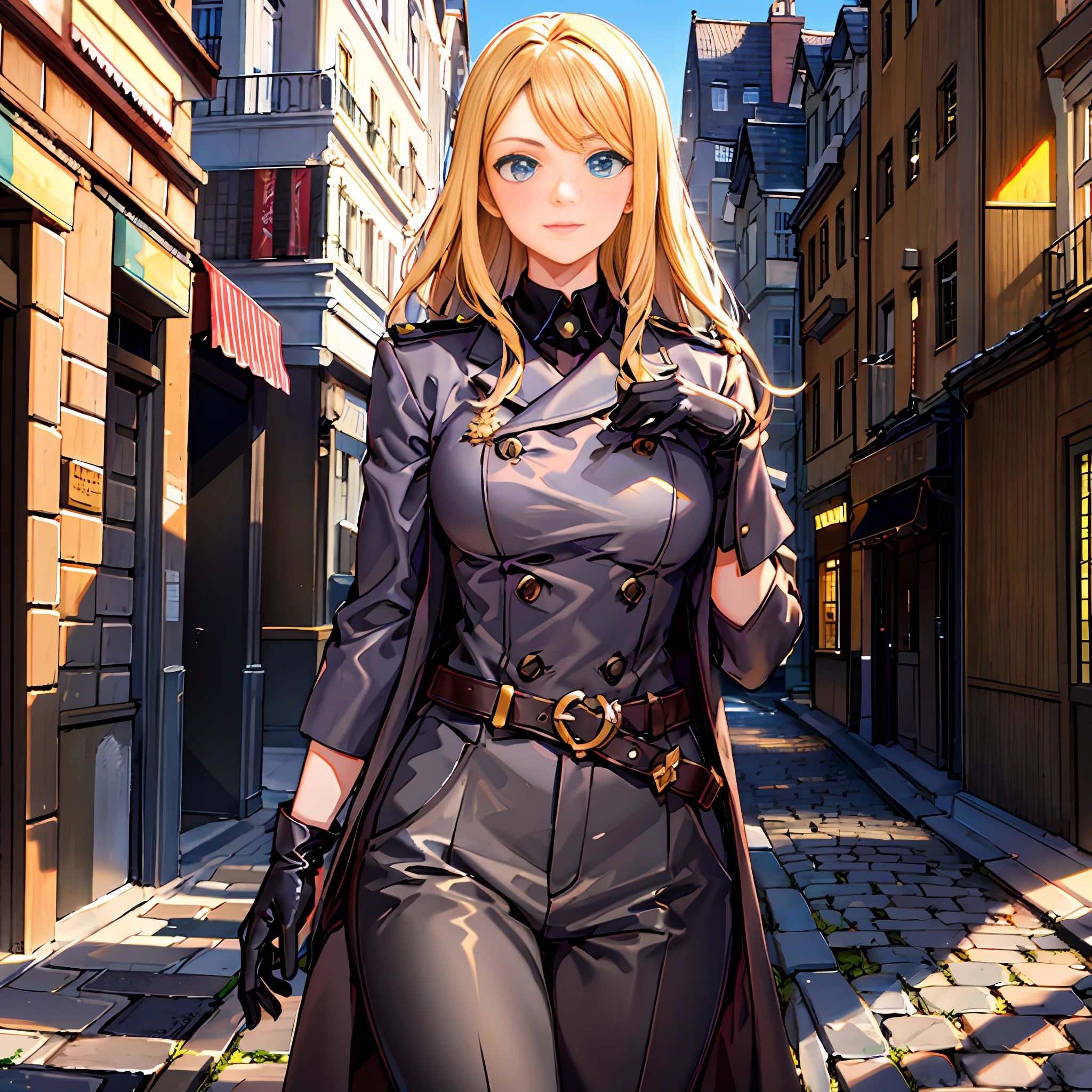Portrait of a woman, Slavic appearance: blond hair; sharp facial features; straight nose; pronounced high cheekbones, divine appearance, stands upright, guards uniform: gray double-breasted overcoat; gray pants; Black leather belt with steel clasp, full height, maximum detail, masterpiece quality, black leather gloves, background: stone paved road with European houses of the first half of the 20th century, high quality shadows, high quality light.