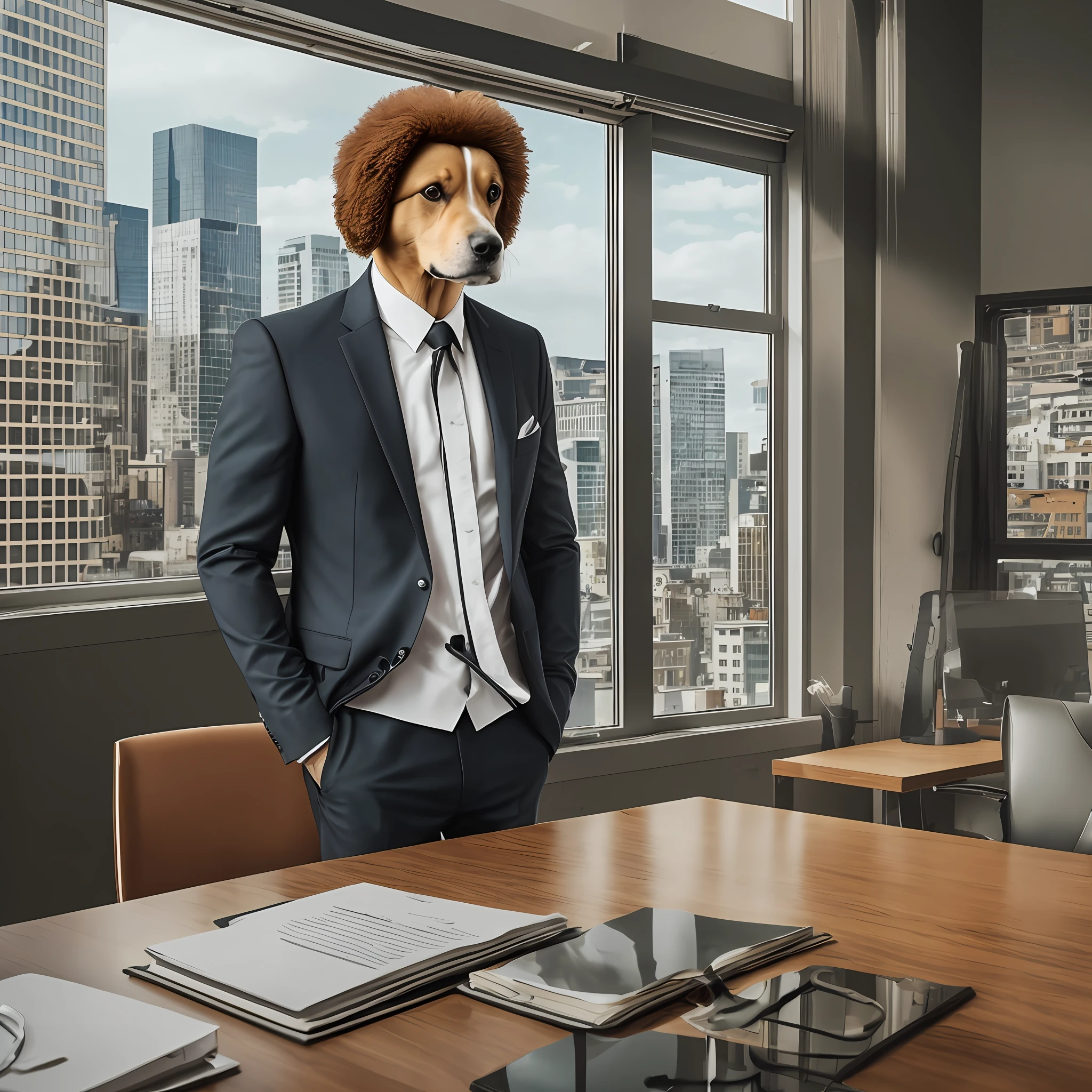human dog with a black suit, sitting in an office, in the background a large window overlooking a city full of buildings --auto --s2