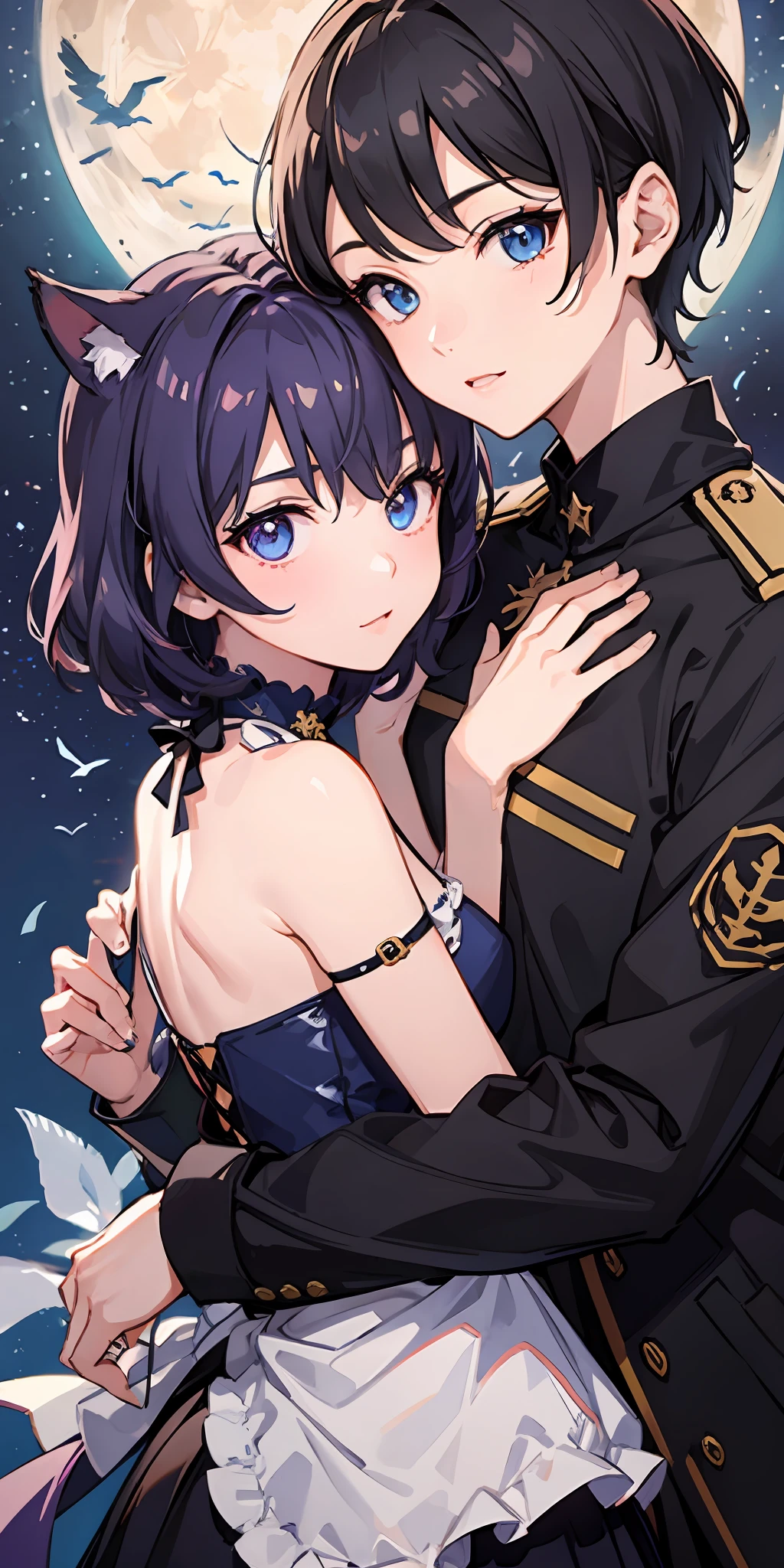 2 girls、 {{Master peace}}, short wavy hair, navy hair, black cat ear, Blue eyes、military outfit、embracing each other、And{{Master peace}}, {{{maximum quality}}}, {{ultra- detailed}}, {{illustration}}, short hair,Purple eyes,Black hair、military outfit、embracing each other、Big moon in the background night sky、