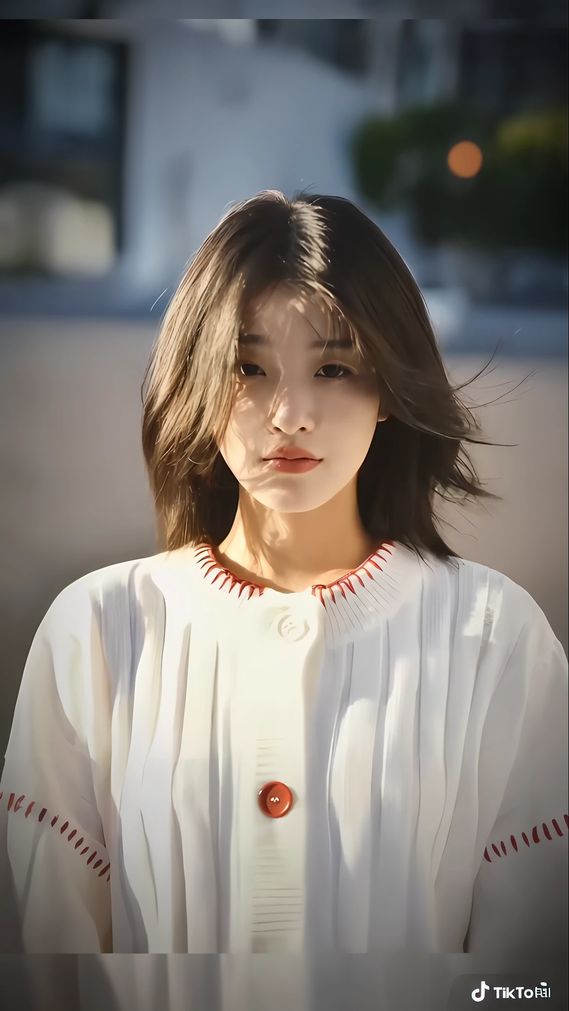 a close up of a woman with a white shirt and red trim, iu lee ji-eun as a super villain, jaeyeon nam, bae suzy, with short hair, white hime cut hairstyle, tzuyu from twice, jinyoung shin, lee ji - eun, lee ji-eun, heonhwa choe, kwak ji young, wan adorable korean face