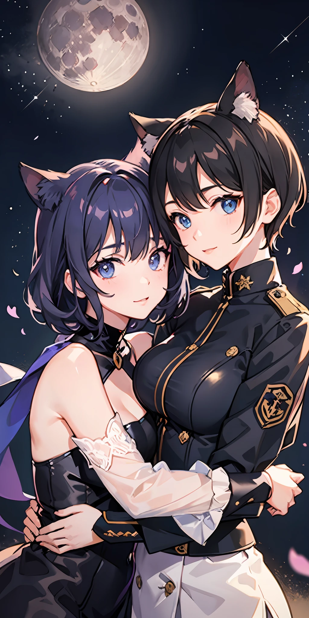 2 girls、 {{Master peace}}, short wavy hair, navy hair, black cat ear, Blue eyes、military outfit、embracing each other、And{{Master peace}}, {{{maximum quality}}}, {{ultra- detailed}}, {{illustration}}, short hair,Purple eyes,Black hair、military outfit、embracing each other、Big moon in the background night sky、