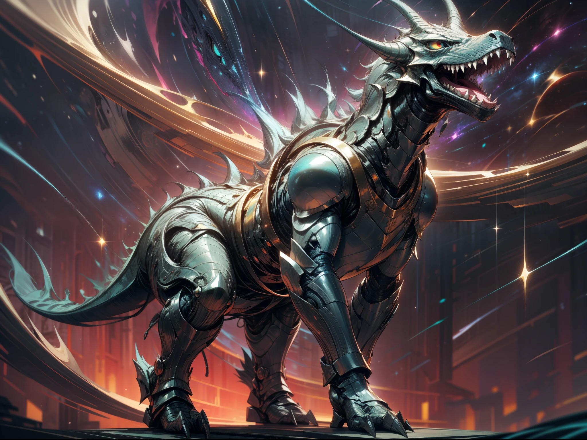 "A majestic rainbow-colored T-Rex with stunning teal armor, set against a mesmerizing cosmic nebula backdrop adorned with stars and galaxies."