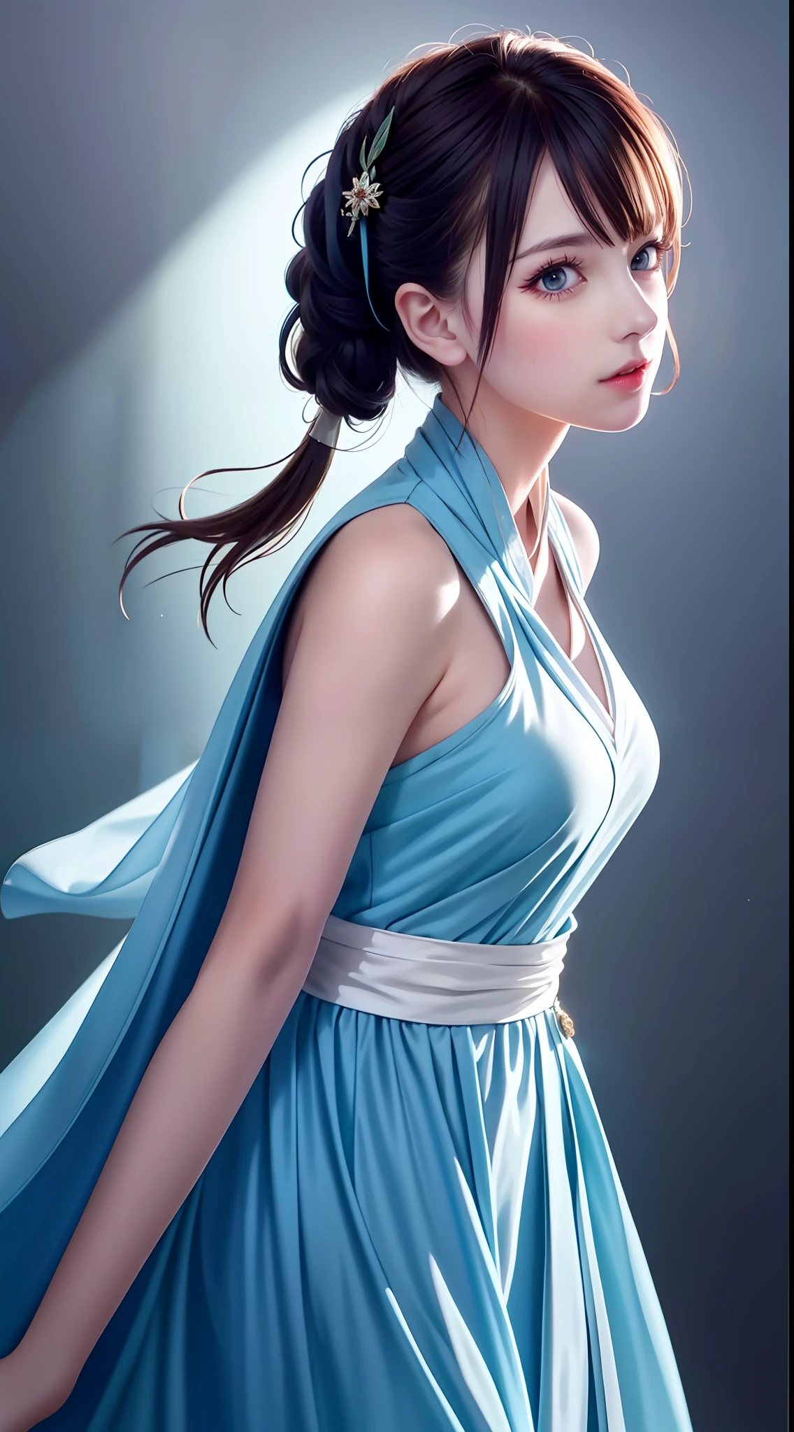 Hanfu, National Style 3.2, Full Body, Walking Posture, Slow Motion, Men Wear Full Body Multi-layered (Heavy Robe: 1.2), (Blue Ice Flower Long Dress: 1.2), Gloves, (Very Detailed, Bloom: 1.5), (Highest Quality, Alessandro Casagrande, Greg Rutkowski, Sally Mann, Concept Art, 4k), (og: 1.2), (High Definition), (Detail Pupil: 1.1), (Painting: 1.1), (Digital Painting: 1.1), Detailed Face and Eyes, Masterpiece, Best Quality, (Highly Detailed Photo: 1.1), 8K, Realistic, (Ice Hair Color, Dynamic Hairstyle), (pureerosface_v1:0.1), Jeremy Mann, Sandra Chevrier, Maciej Kuciara, Sharp, (torn body: 1.1), realistic, realistic shadows, (ice background: 1.2), (Michelangelo), ohwx style<lora: (style of ohwx) masterpiece, best quality, (extremely detailed CG unity 8k wallpaper, masterpiece, best quality, ultra-detailed, best shadow), (detailed background), (beautiful detailed face, beautiful detailed eyes), High contrast, (best illumination, an extremely delicate and beautiful), (girl:1.5), ((Not relevant)), ((caustic)), dynamic angle, beautiful detailed glow, (portrait:0.2),dynamic angle, beautiful detailed glow, (portrait:0.2),pigtail,full body,