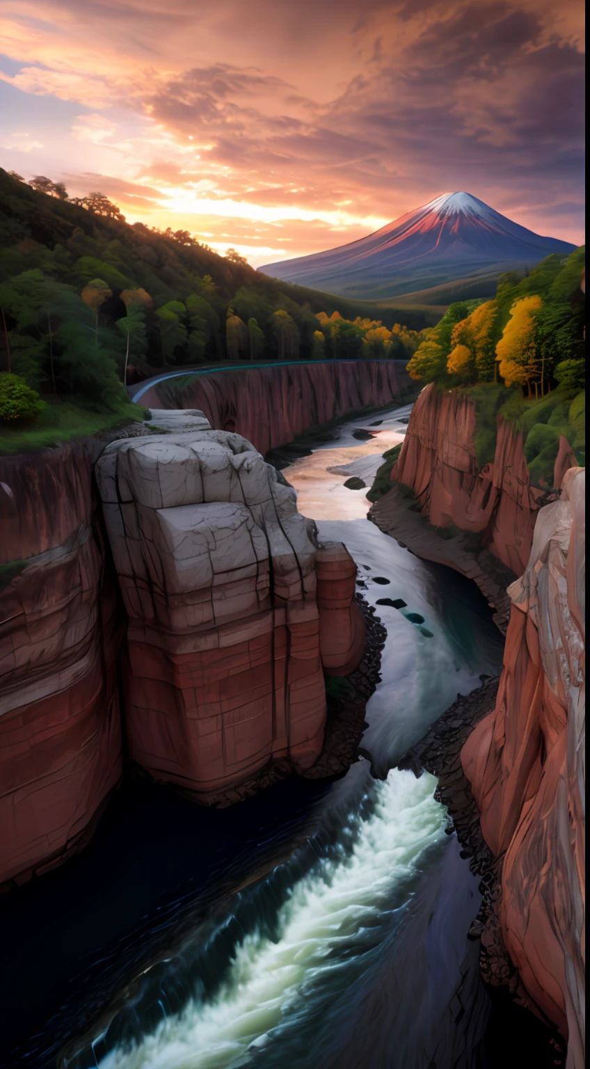 A stunning photograph of mountain and a river,golden hour lighting,rainy,happy,Photography, Photo Realistic, by Carr Clifton, by Greg Rutkowsky, Erik Johansson, Phil Koch, Joel Sternfeld, Kevin McNeal, Richard Mosse, highly detailed,8K, HDR, DSLR Camera, Fuji Film, National Geographic, Epic Composition