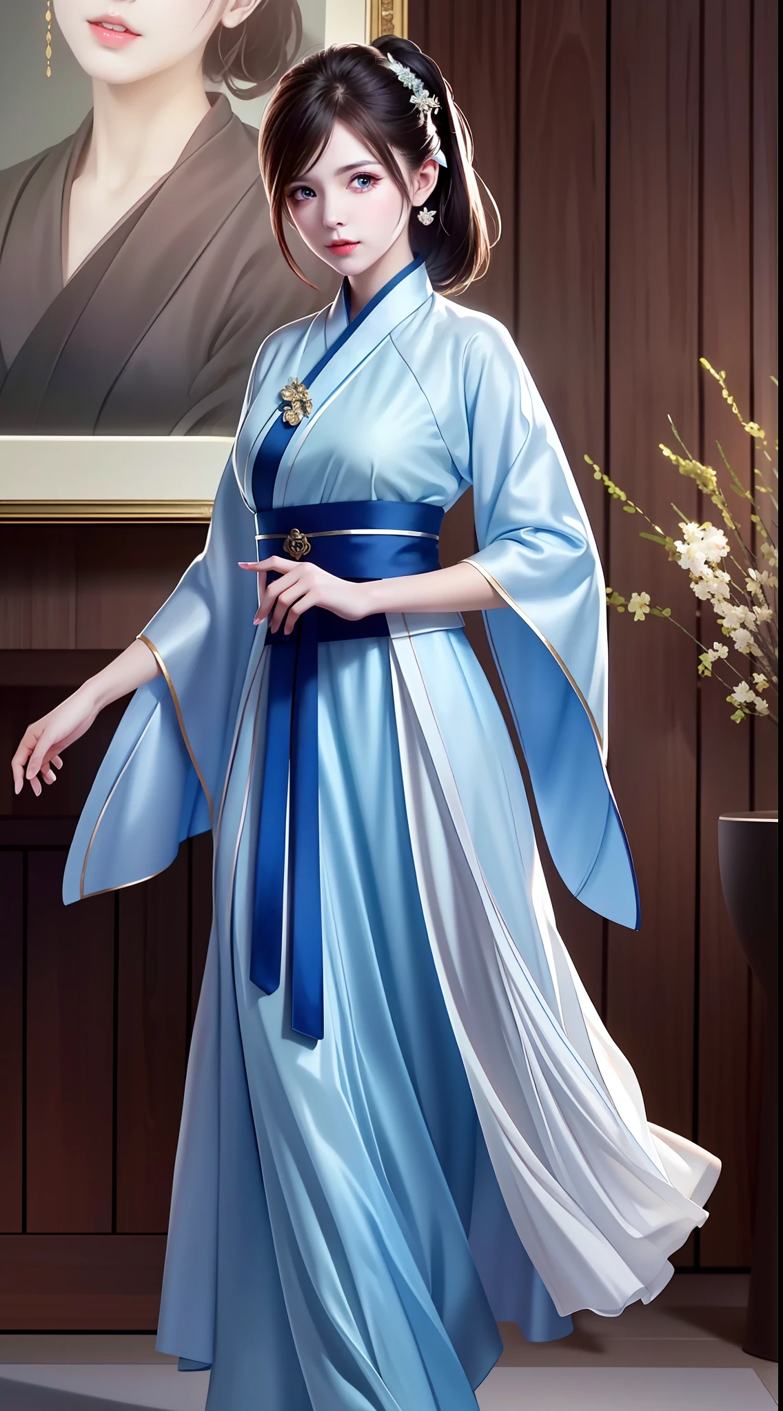 Hanfu, National Style 3.2, Full Body, Walking Posture, Slow Motion, Men Wear Full Body Multi-layered (Heavy Robe: 1.2), (Blue Ice Flower Long Dress: 1.2), Gloves, (Very Detailed, Bloom: 1.5), (Highest Quality, Alessandro Casagrande, Greg Rutkowski, Sally Mann, Concept Art, 4k), (Analog: 1.2), (High Definition), (Detail Pupil: 1.1), (Painting: 1.1), (Digital Painting: 1.1), Detailed Face and Eyes, Masterpiece, Best Quality, (Highly Detailed Photo: 1.1), 8K, Realistic, (Ice Hair Color, Dynamic Hairstyle), (pureerosface_v1:0.1), Jeremy Mann, Sandra Chevrier, Maciej Kuciara, Sharp, (torn body: 1.1), realistic, realistic shadows, (ice background: 1.2), (Michelangelo), ohwx style<lora: (style of ohwx) masterpiece, best quality, (extremely detailed CG unity 8k wallpaper, masterpiece, best quality, ultra-detailed, best shadow), (detailed background), (beautiful detailed face, beautiful detailed eyes), High contrast, (best illumination, an extremely delicate and beautiful), (girl:1.5), ((Not relevant)), ((caustic)), dynamic angle, beautiful detailed glow, (portrait:0.2),dynamic angle, beautiful detailed glow, (portrait:0.2),pigtail,full body,