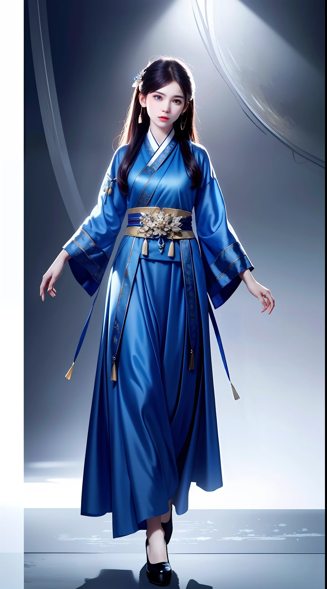 Hanfu, National Style 3.2, Full Body, Walking Posture, Slow Motion, Men Wear Full Body Multi-layered (Heavy Robe: 1.2), (Blue Ice Flower Long Dress: 1.2), Gloves, (Very Detailed, Bloom: 1.5), (Highest Quality, Alessandro Casagrande, Greg Rutkowski, Sally Mann, Concept Art, 4k), (Analog: 1.2), (High Definition), (Detail Pupil: 1.1), (Painting: 1.1), (Digital Painting: 1.1), Detailed Face and Eyes, Masterpiece, Best Quality, (Highly Detailed Photo: 1.1), 8K, Realistic, (Ice Hair Color, Dynamic Hairstyle), (pureerosface_v1:0.1), Jeremy Mann, Sandra Chevrier, Maciej Kuciara, Sharp, (torn body: 1.1), realistic, realistic shadows, (ice background: 1.2), (Michelangelo), ohwx style<lora: (style of ohwx) masterpiece, best quality, (extremely detailed CG unity 8k wallpaper, masterpiece, best quality, ultra-detailed, best shadow), (detailed background), (beautiful detailed face, beautiful detailed eyes), High contrast, (best illumination, an extremely delicate and beautiful), (girl:1.5), ((Not relevant)), ((caustic)), dynamic angle, beautiful detailed glow, (portrait:0.2),dynamic angle, beautiful detailed glow, (portrait:0.2),pigtail,full body,