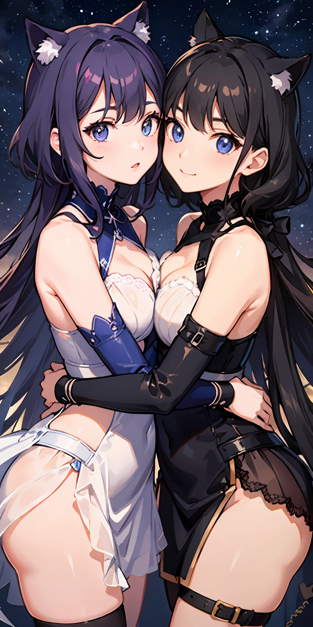 2 girls、 {{Master peace}}, short wavy hair, navy hair, black cat ear, Blue eyes、military outfit、embracing each other、{{Master peace}}, {{{maximum quality}}}, {{ultra- detailed}}, {{illustration}}, short hair,Purple eyes,Black hair、military outfit、embracing each other、Big moon in the background night sky、