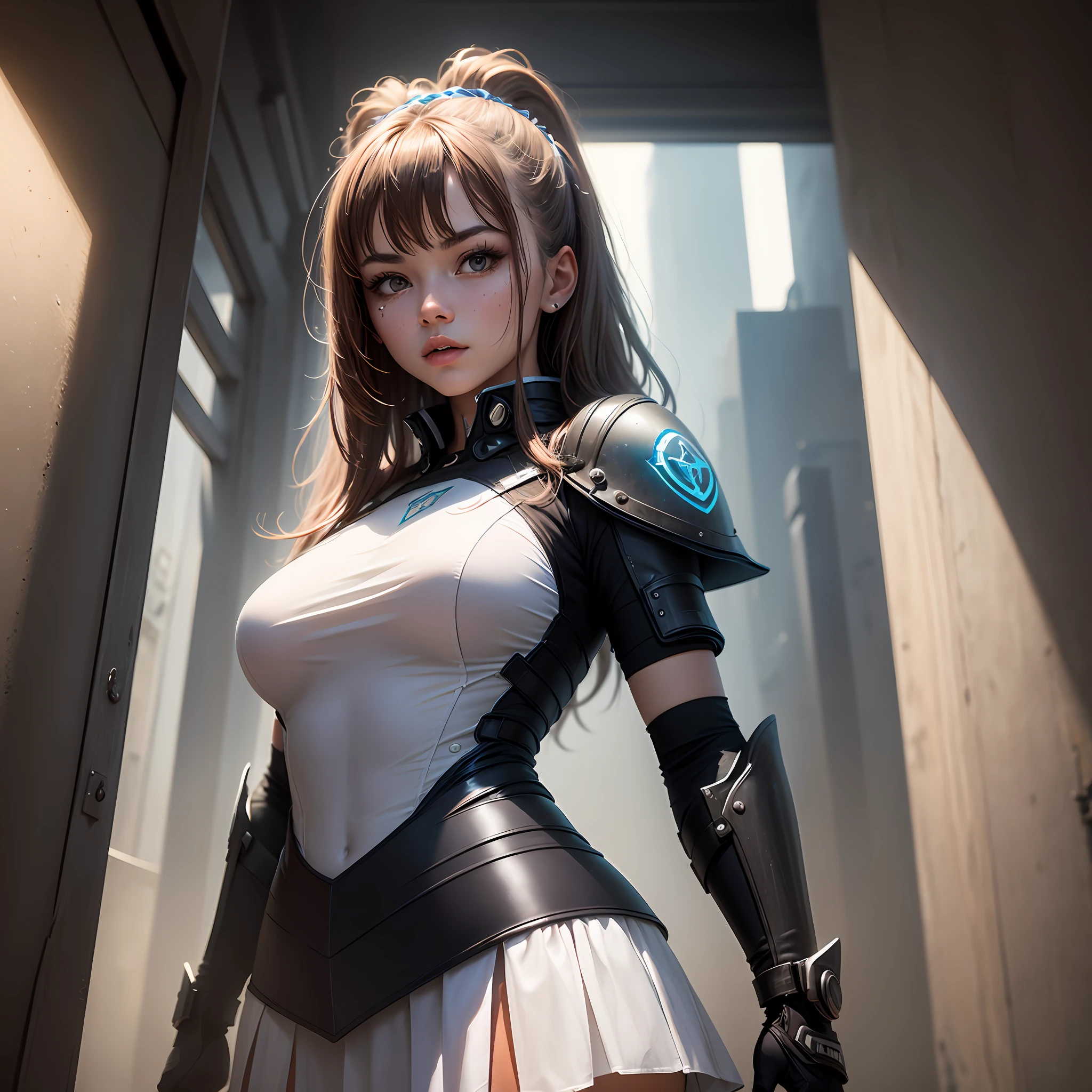 (1girl:1.3), solo,__body-parts__, offical arts, 统一 8k 壁纸, ultra- detailed, Beautiful and aesthetic, meili, A Masterpiece, the best quality t, RAW，A Masterpiece，super fine photo，，bestbestquality，hyper high resolution，Photorealism，sunbeam，full-length portrait，stunningly beautiful，，dinamic pose，Delicate face，Energetic eyes，（view from front），She wears a futuristic suit，Blue color scheme，（Shield in hand），，Very detailed abandoned warehouse background，Detailed face，Detailed and complex busy background，untidy，flowery，milky white，Highly detailed skin，Realistic skin details，Visible pores，Sharp focus，Volumetric fog，8k uhd，digital DSLR camera，high quailty，Film grain，white fair skin，Photo realism，lomography，Huge metropolis in a dystopia of the future , seen from below, Translucent skirt --auto