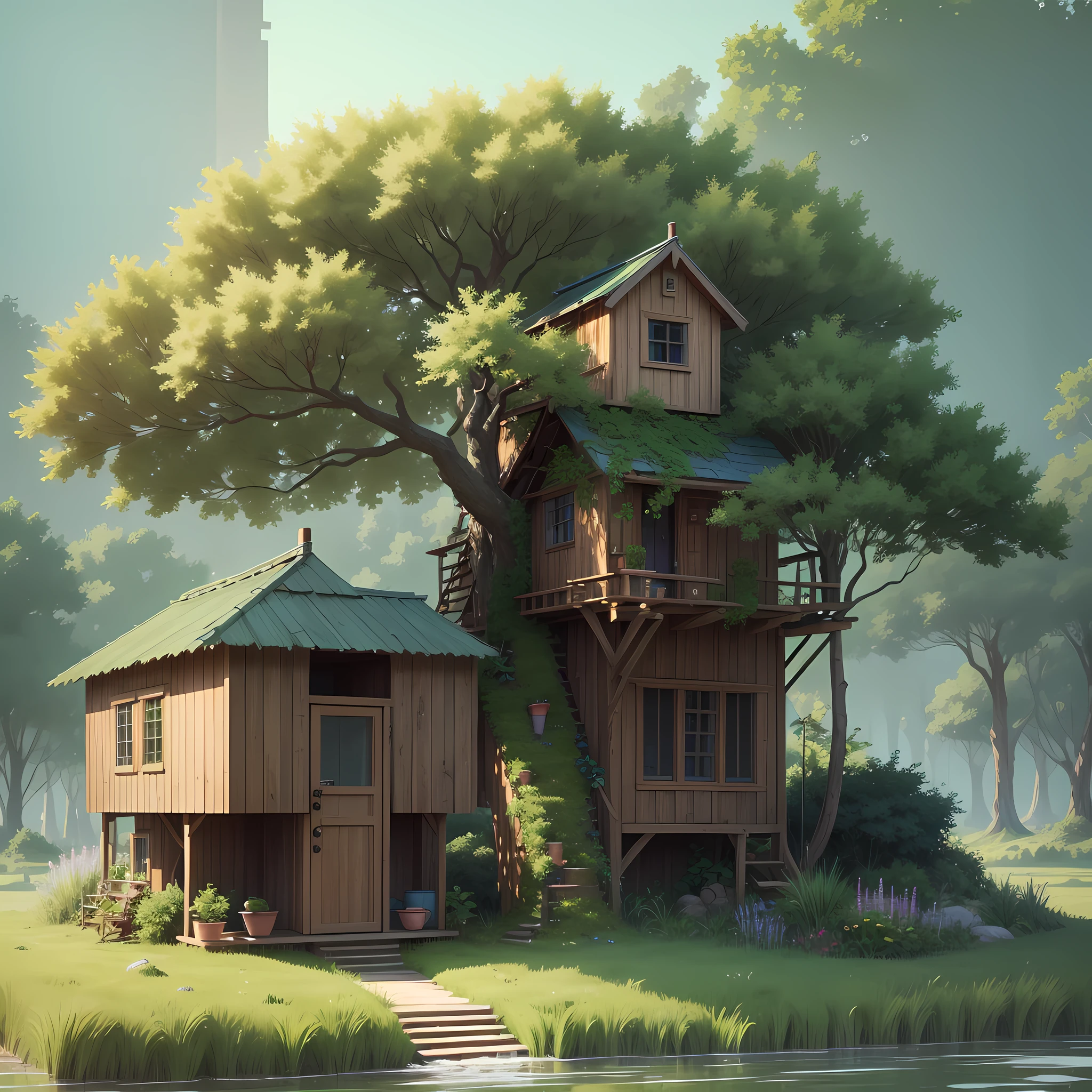 ((realistic light, superlative, 8k, A Masterpiece: 1.3)), Summer scenery in the Japanese countryside, Studio Ghibli, Doraemon's house covered in flowers, My neighbor's house collapsed, The House of Honor, The house next door is in ruins and grass grows, A great home for yourself, Ghibli, Fantasy, Ghibli paintings, Beautiful 1000-year-old tree, A very mysterious tree, A small and beautiful house located under a very noble tree.