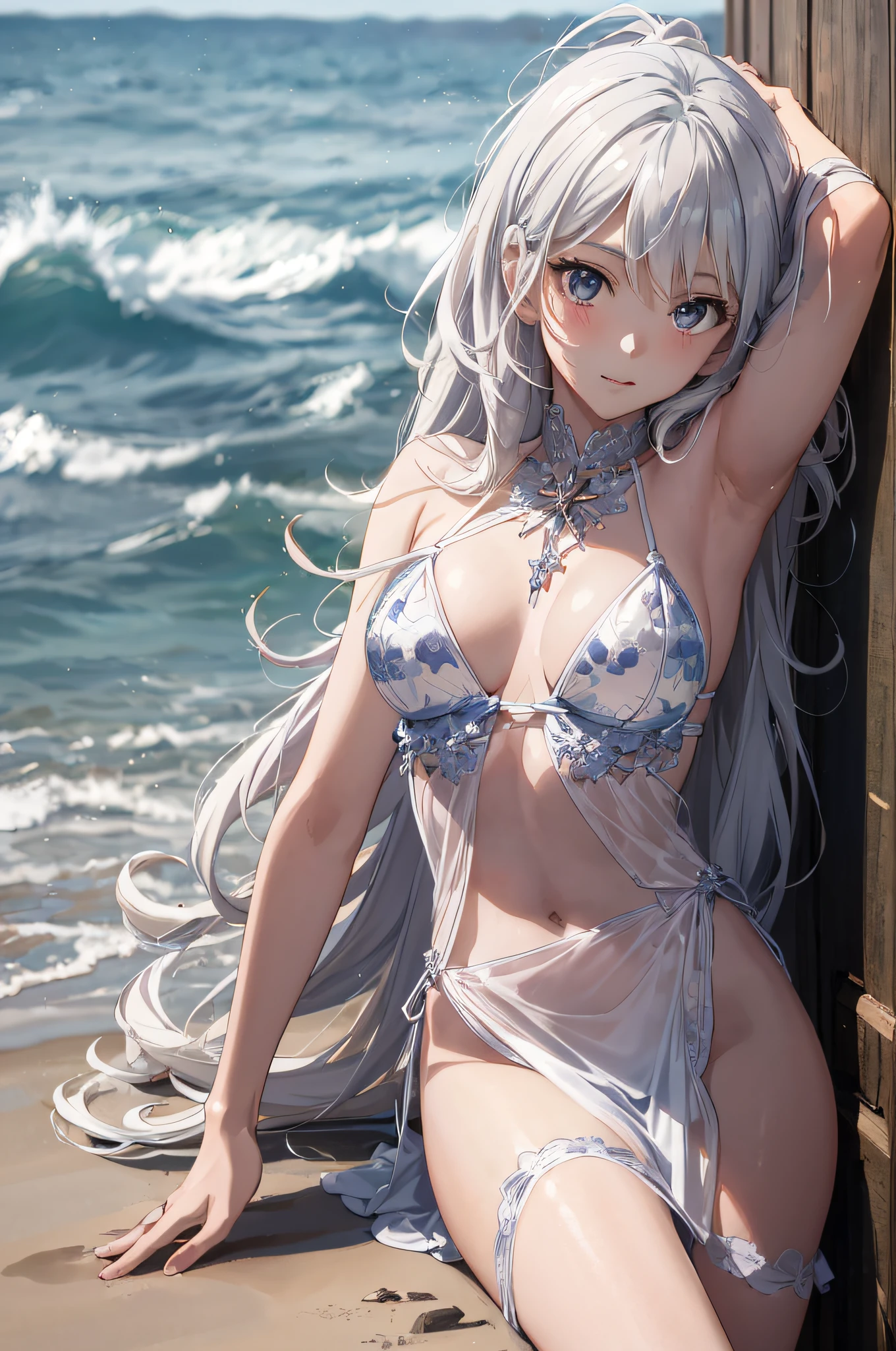anime - style woman in a bikini posing on the beach, seductive anime girl, beautiful alluring anime woman, beautiful anime girl, beautiful anime woman, detailed digital anime art, photorealistic anime girl render, smooth anime cg art, perfect white haired girl, realistic bikini, trending on cgstation, at the sea, beautiful alluring anime teen, attractive anime girl