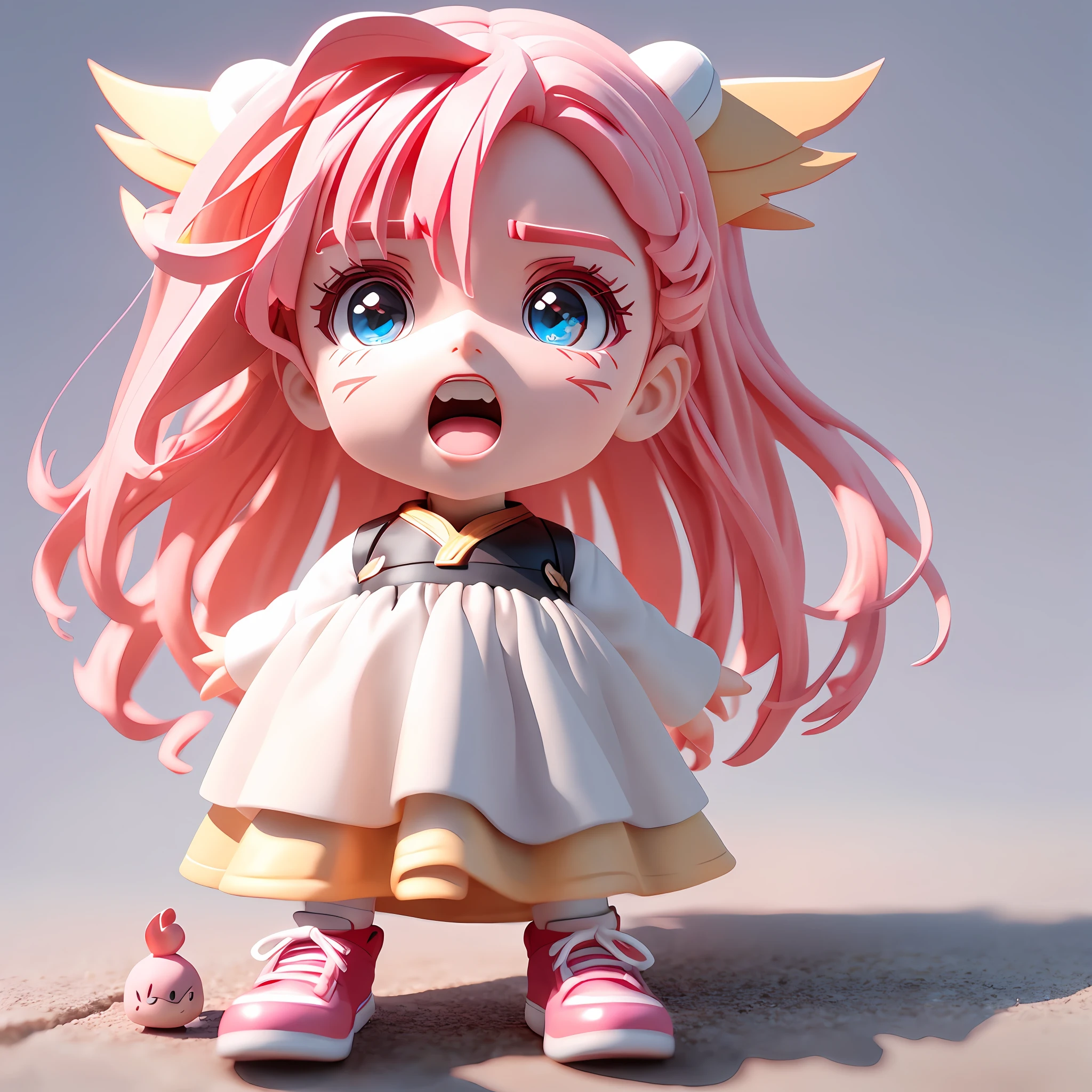 Lateral face,super saiyan,Delicate hair,Arm carving,Pink hair,Delicate shoes,Depiction of facial features,Delicate facial features,Eye portrayal,Delicate hair,Popmart blind box,Clay texture,Golden ratio,Black and white background,Natural Daylight,the best quality t,ultra details,3D art,C4D, OC renderer, 3d render, 8K,Various actions,Various expressions,Q version