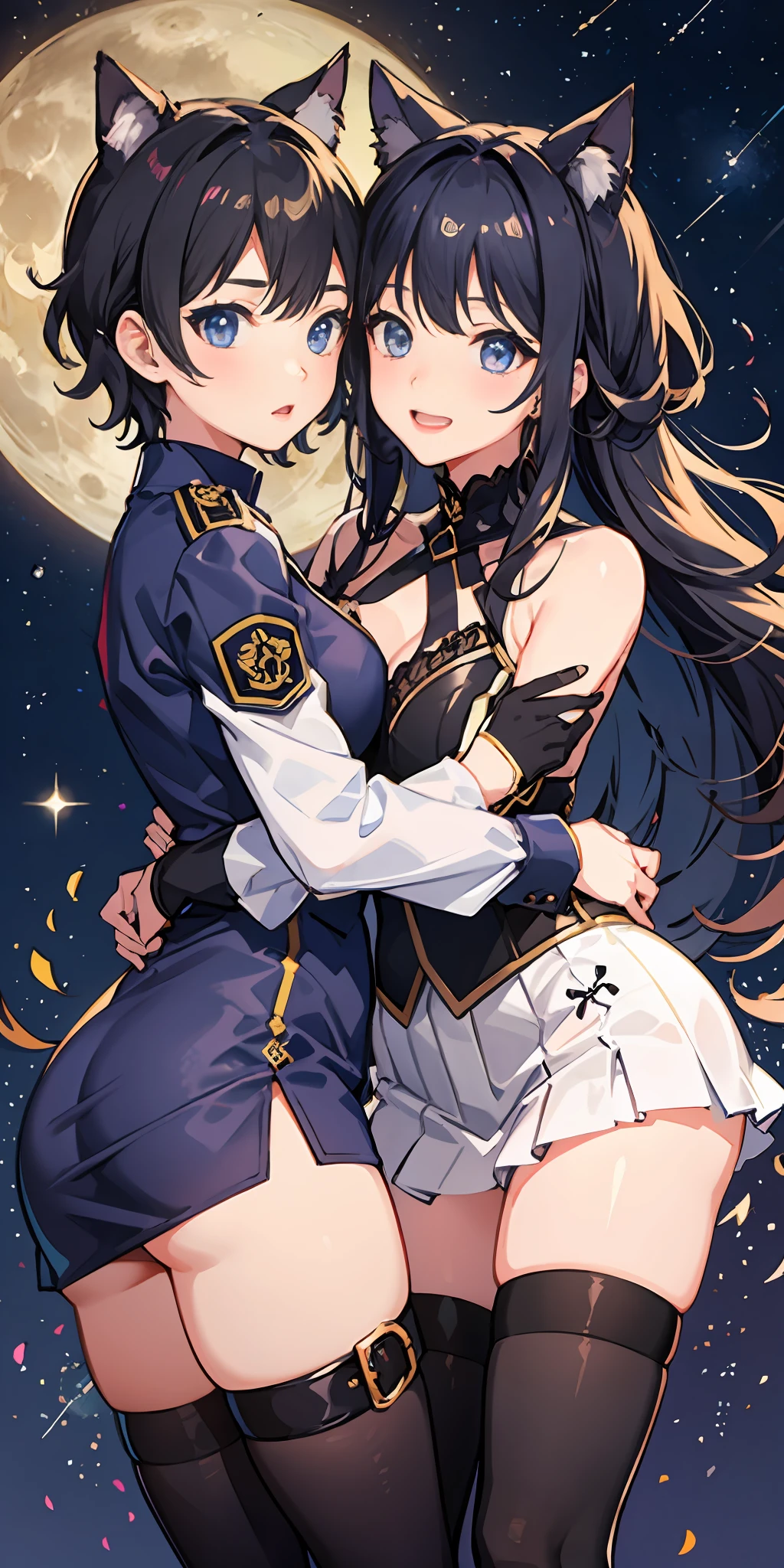 2 girls、 {{Master peace}}, short wavy hair, navy hair, black cat ear, Blue eyes、military outfit、embracing each other、{{Master peace}}, {{{maximum quality}}}, {{ultra- detailed}}, {{illustration}}, short hair,Purple eyes,Black hair、military outfit、embracing each other、Big moon in the background night sky、