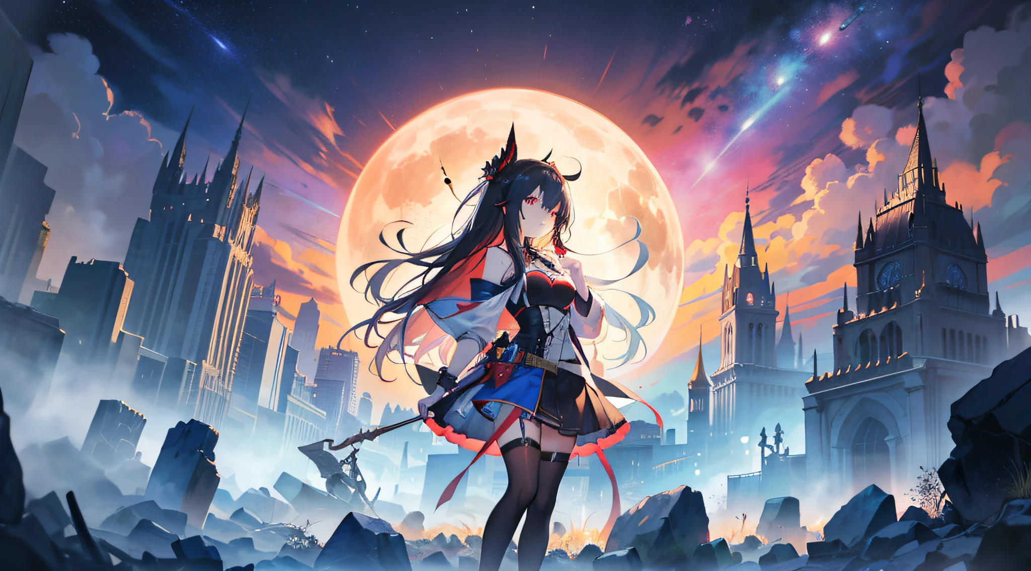 Anime girl's long hair、From Night on the Ark、detalhes finos。(1女の子:1.5+female_character:0.8+seat:1.2+rubble+ARK Knight、girls' frontline:1.2、highly-detailed)、(ARK Knight:1.2、girls' frontline:1.2、Feminine aesthetic)、Style Shadow Universe、Space Scenes(cosmos)、Girl Front。(Art Station:0.8+Pixiv:1.2+Gweiz on Art Station)(Gothic)