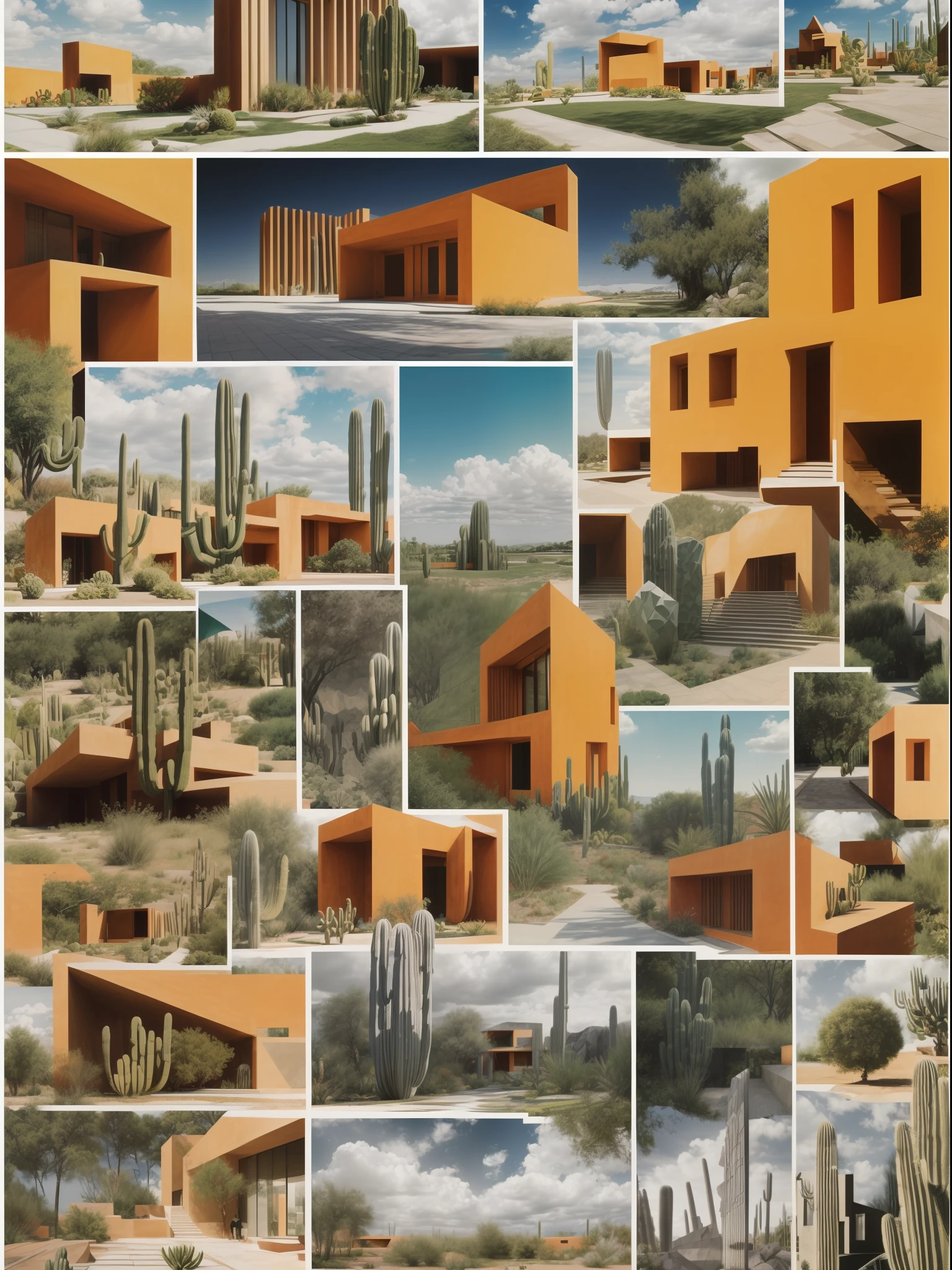 An illustration, ((collage style)), (((multiple Luis Barragan's style buildings))), (((Marie-Laure Cruschi's art style))), (sections), ((Desaturated colors)), Cbig boulders), ((lake)), cacti, (smooth clouds), a bridge, stairs, the moon, big buildings, abundant vegetation, bushes, (((big geometric sculptures))), hard shadows