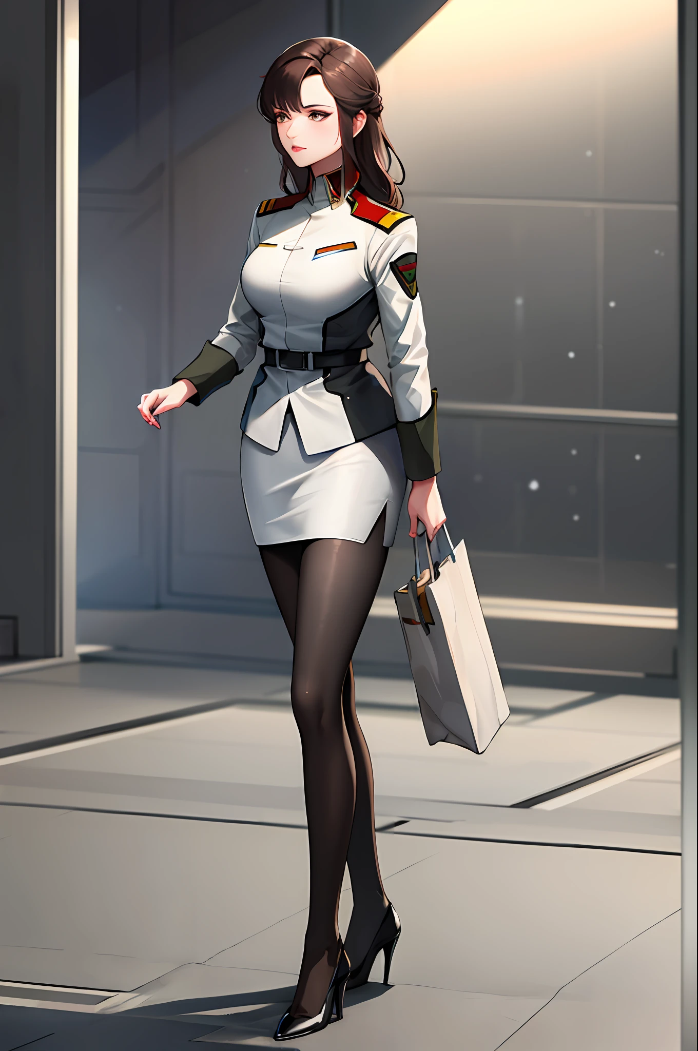 masterpiece, best quality, highres, ramius1, 1girl, solo, military uniform, military, makeup, black pantyhose, white shirt,  white skirt, tight skirt, walking indoors, high heels, space, cowboy shot,