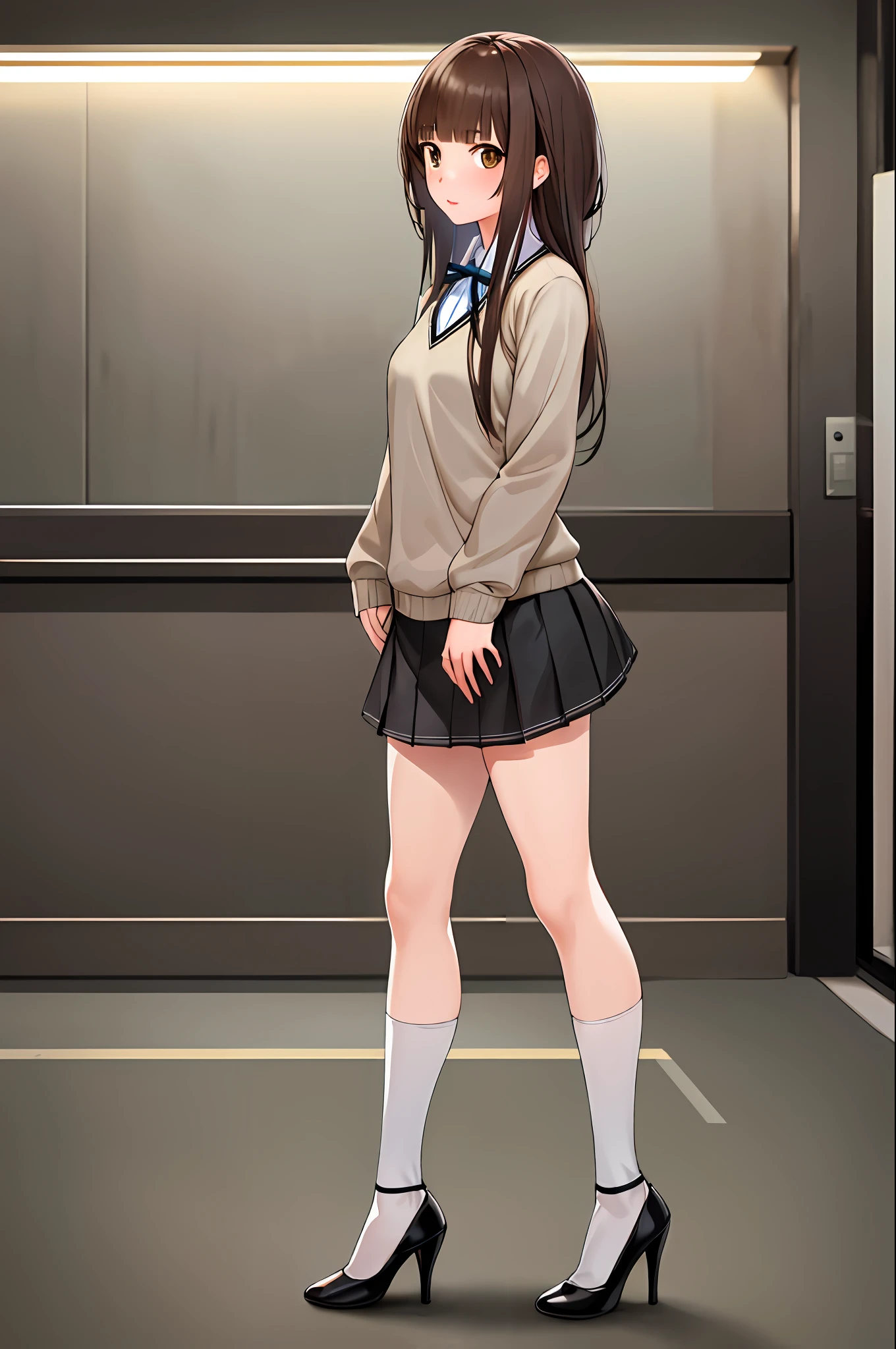 masterpiece, best quality, highres, kr1, brown eyes, blunt bangs, kibito high school uniform, skirt, sweater, pleated skirt, socks, small breasts, standing, cowboy shot, high heels