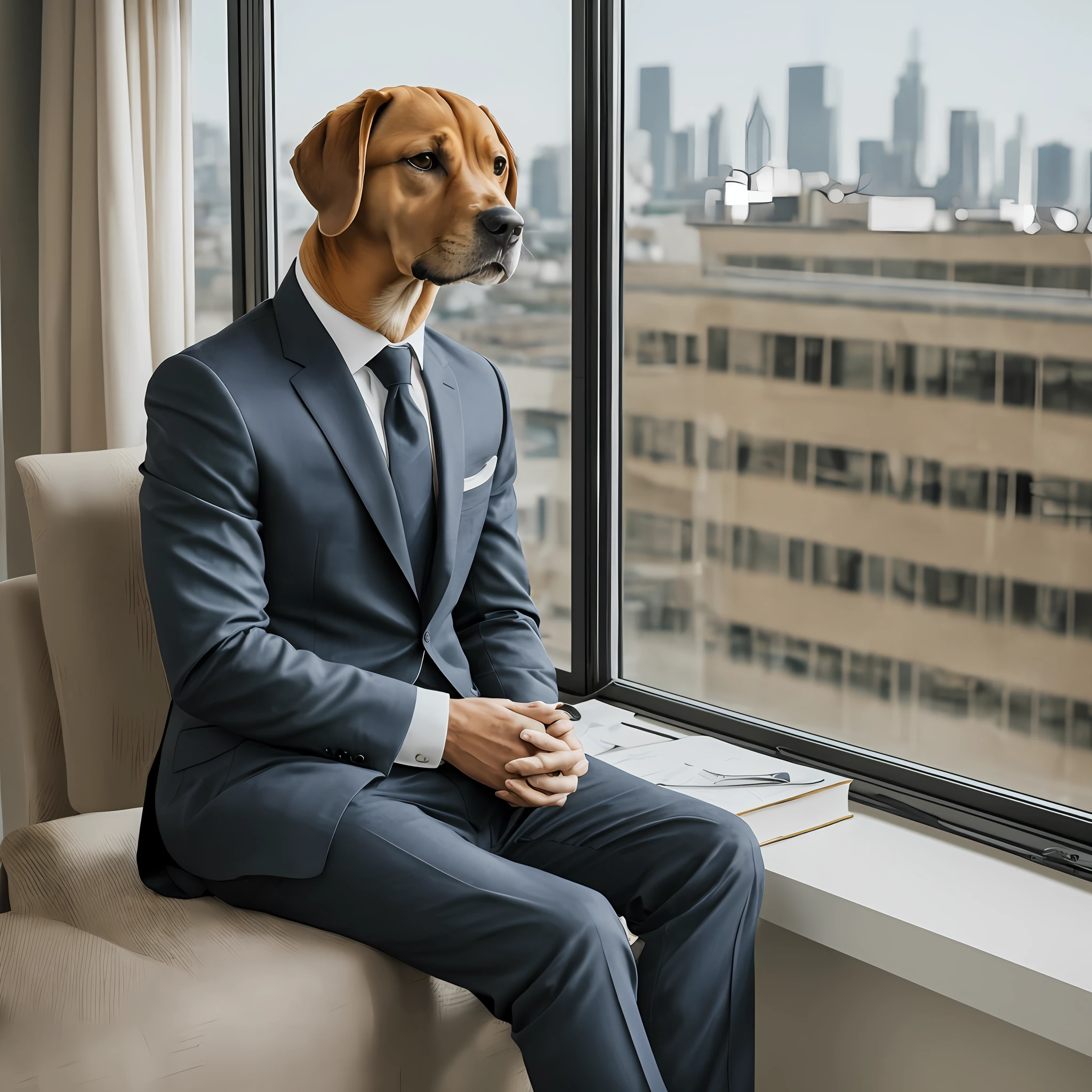 human dog with a black suit, sitting in an office, in the background a large window overlooking a city full of buildings --auto --s2