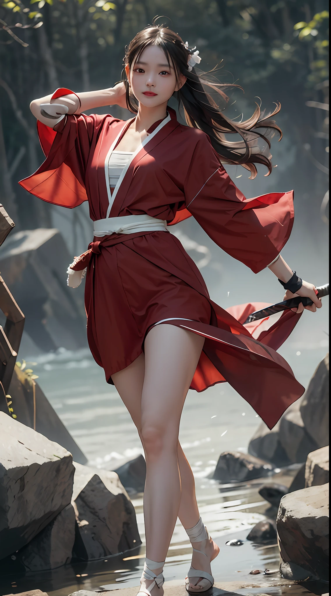 RAW Photo, 4k, Realistic, Delicate and Meticulous Skin), Masterpiece, Best Quality, Official Art, Unity 8k Wallpaper, Ultra Detailed, (Soft Light), Cinematic Look, High Saturation, Best Anatomy, Volume Fog, Slim Body, Full Body, 1 Girl, Looking at the Audience, Red Clothes, (with a Weapon on the Waist), Sword, Long Hair, Brunette Hair, Solo, Blood, Armguards, Complex Background, Looking at the Viewer, Black Eyes, Cloth, Floating Hair, Evil Smile, Hanfu, Dynamic Movement, Dynamic Pose, with bandages wrapped around hands, the wind carries dust,