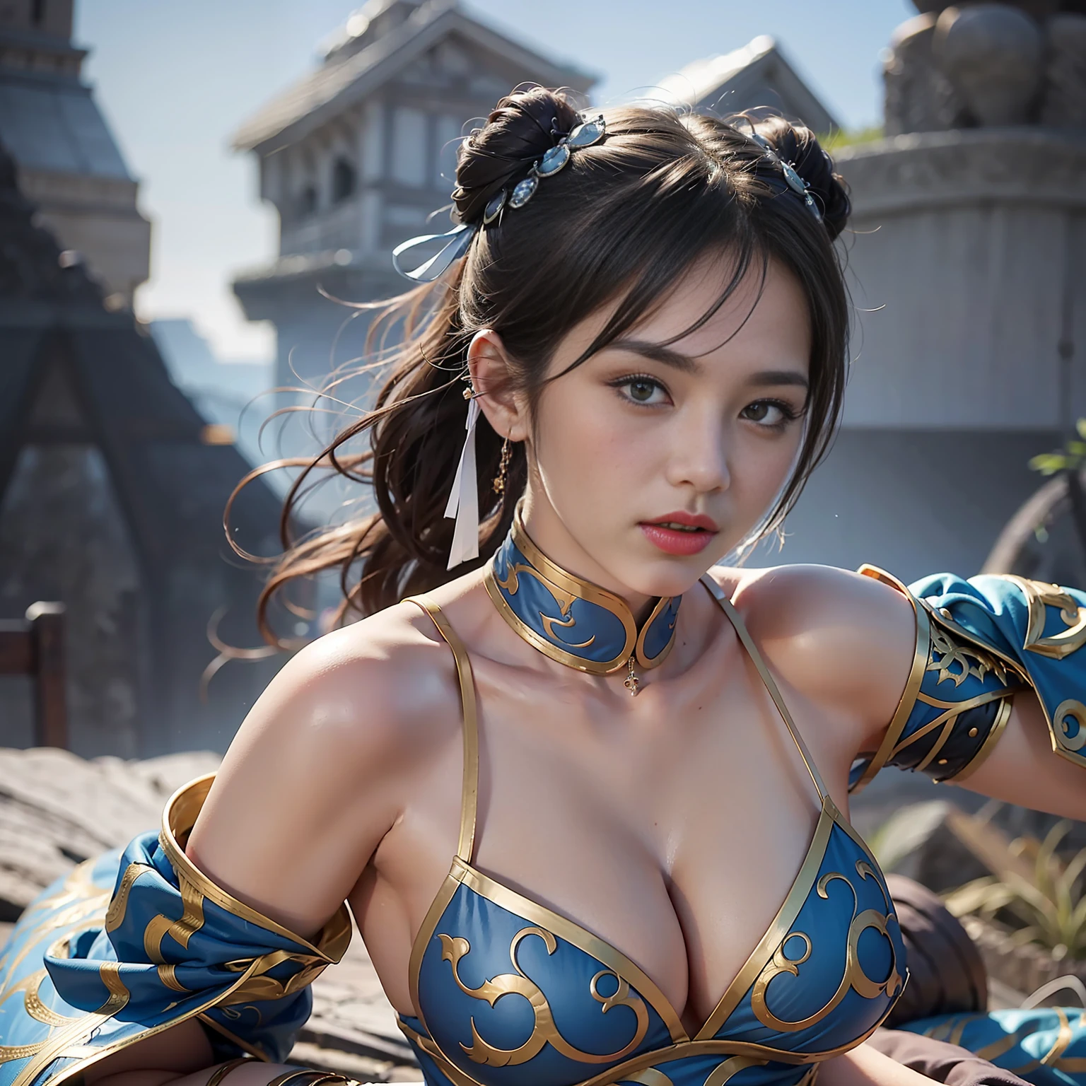 Create a stunning image of Kitana from Mortal Kombat with excellent photo quality and stunning lighting. Kitana is set in an epic outdoor setting, en lo alto de una antigua torre de piedra rodeada de nubes oscuras y tormentosas. El escenario refleja un paisaje misterioso y desafiante, con escombros de batalla dispersos por el suelo.

Kitana, en una pose poderosa y elegante, Stands in front of the camera in a combat position, con su espada "Fan Blades" desplegada. Se la muestra de cuerpo entero, lo que permite apreciar toda su majestuosidad y fuerza. Su cabello oscuro y sedoso fluye elegantemente en el aire, as his blue eyes glow with determination. Sunlight breaks through the clouds and filters through the tower's openings, illuminating Kitana dramatically and creating a contrast between light and darkness.

La vestimenta de Kitana es impecable y detallada, with his iconic blue suit enhanced by intricate gold trimmings. El viento sopla suavemente a su alrededor, dando vida a su atuendo y agregando un toque de movimiento a la escena.

Behind Kitana, se pueden apreciar fragmentos de una estatua antigua, que se encuentran deteriorados y cubiertos de musgo, representando la historia de su linaje y la trascendencia de su papel como princesa guerrera.

The overall atmosphere of the image should convey the strength, Kitana's grace and courage, as well as the intensity of its world of deadly combats. Make sure you capture every detail with stunning photo quality, resaltando los colores vibrantes y los contrastes visuales para crear una imagen visualmente impactante y memorabl