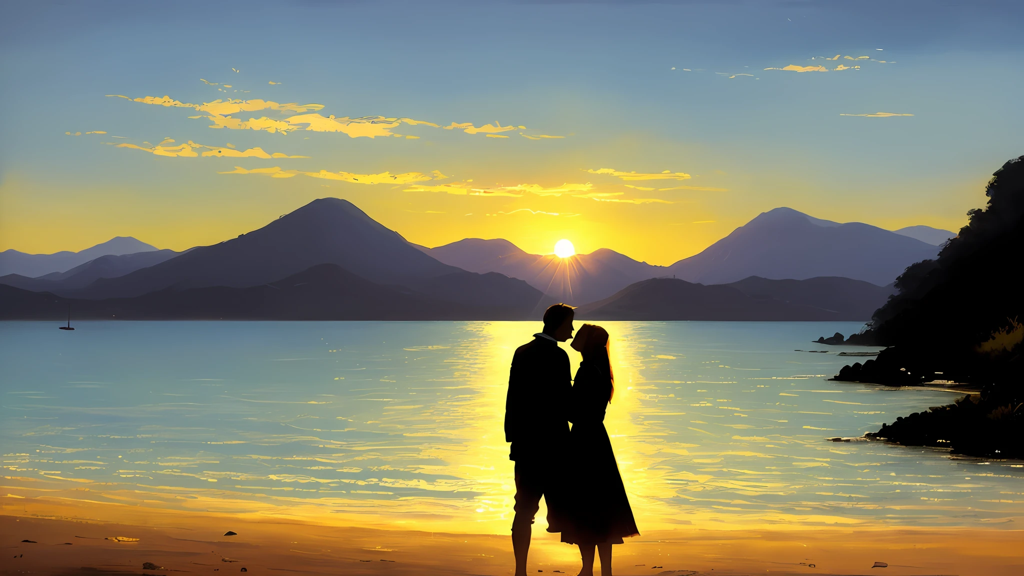 artwork a happy couple of newlyweds stands embracing on the shore of the indian ocean at sunset,the mountains,(long veilm:1.3), beautiful kiss,(sun rays:1.3),big sailboat,  big moon, golden light, (small clear silhouettes:1.4),hazy lighting,depth of field, haze on the horizon, blue Lagoon,(Cumulus clouds:1.2), (oil paint:1.2), artstation,soft focus, vignette, 35mm , by greg rutkowski