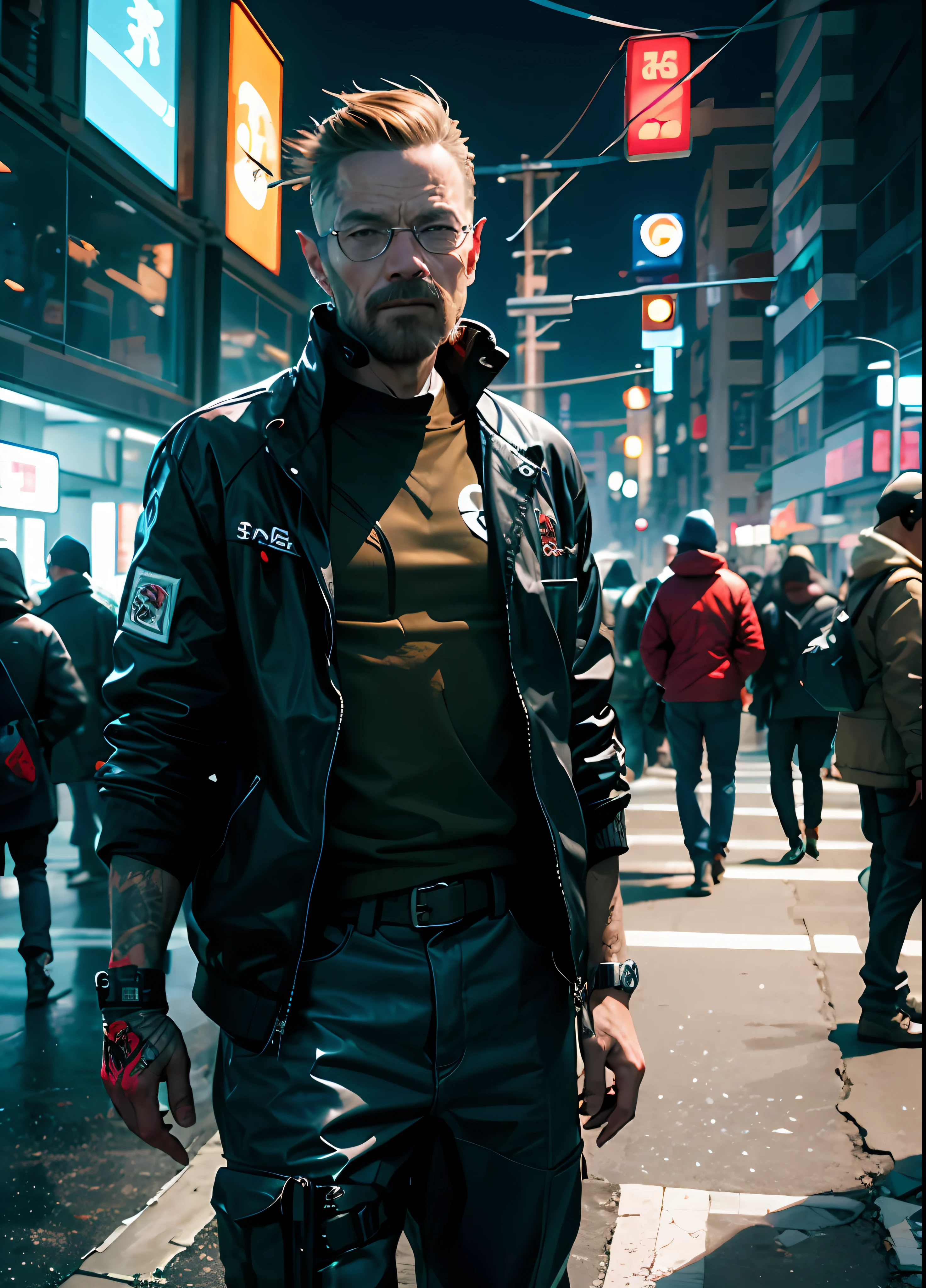 Cyberpunk Walter White in a black suit.