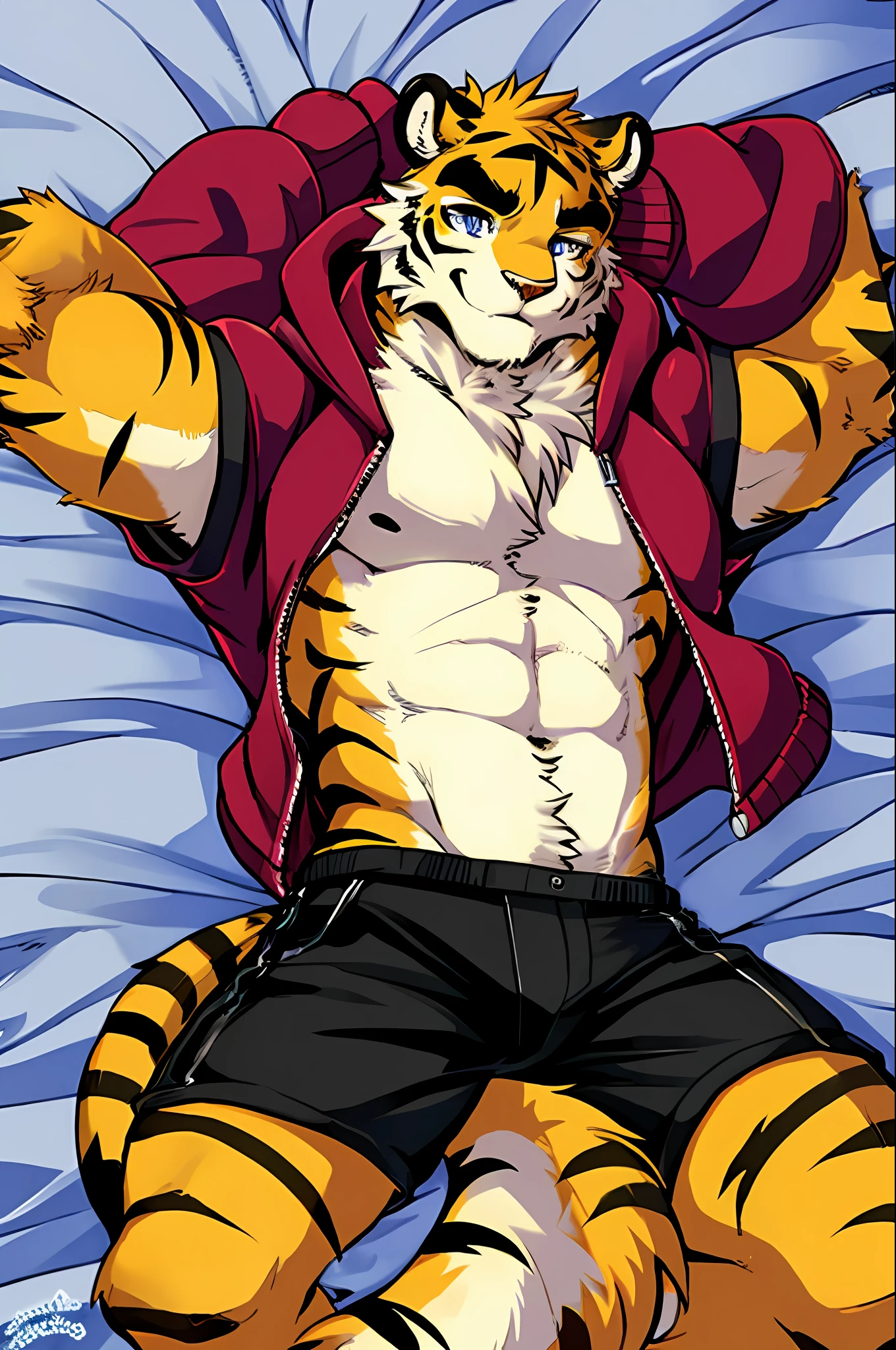 copperRTF， A Masterpiece， the best quality t， Ridiculous res， By Kiyoyama， by Zero Ghost， shaggy， tiger， Masculine， muscled， solo， Hoodies， pants，Deep blue pupils，Deep blue eyes， Thick eyebrows， Off-white fur， Yellow fur， （Scars on the neck：0.9）， Lie on the bed， Detailed fur， fluffly， tails， detailed backround