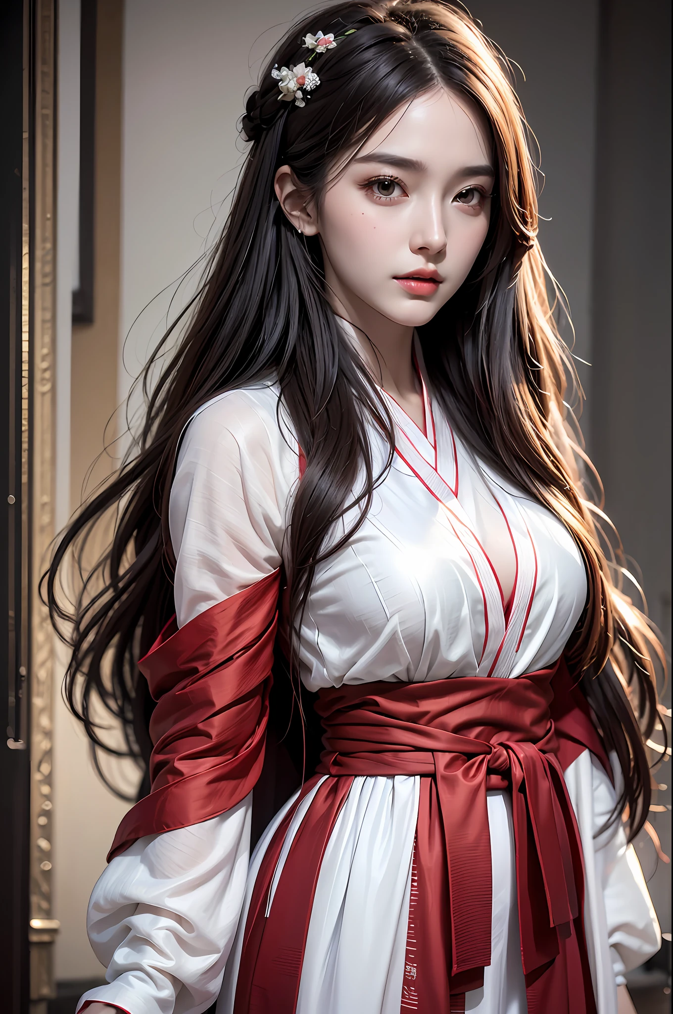 Best quality, masterpiece, ultra high res, (photorealistic:1.4), raw photo, (perfect body shape), 1girl, detailed face, white wavy hair, waist up, solo, traditional hanfu dress, dress modestly