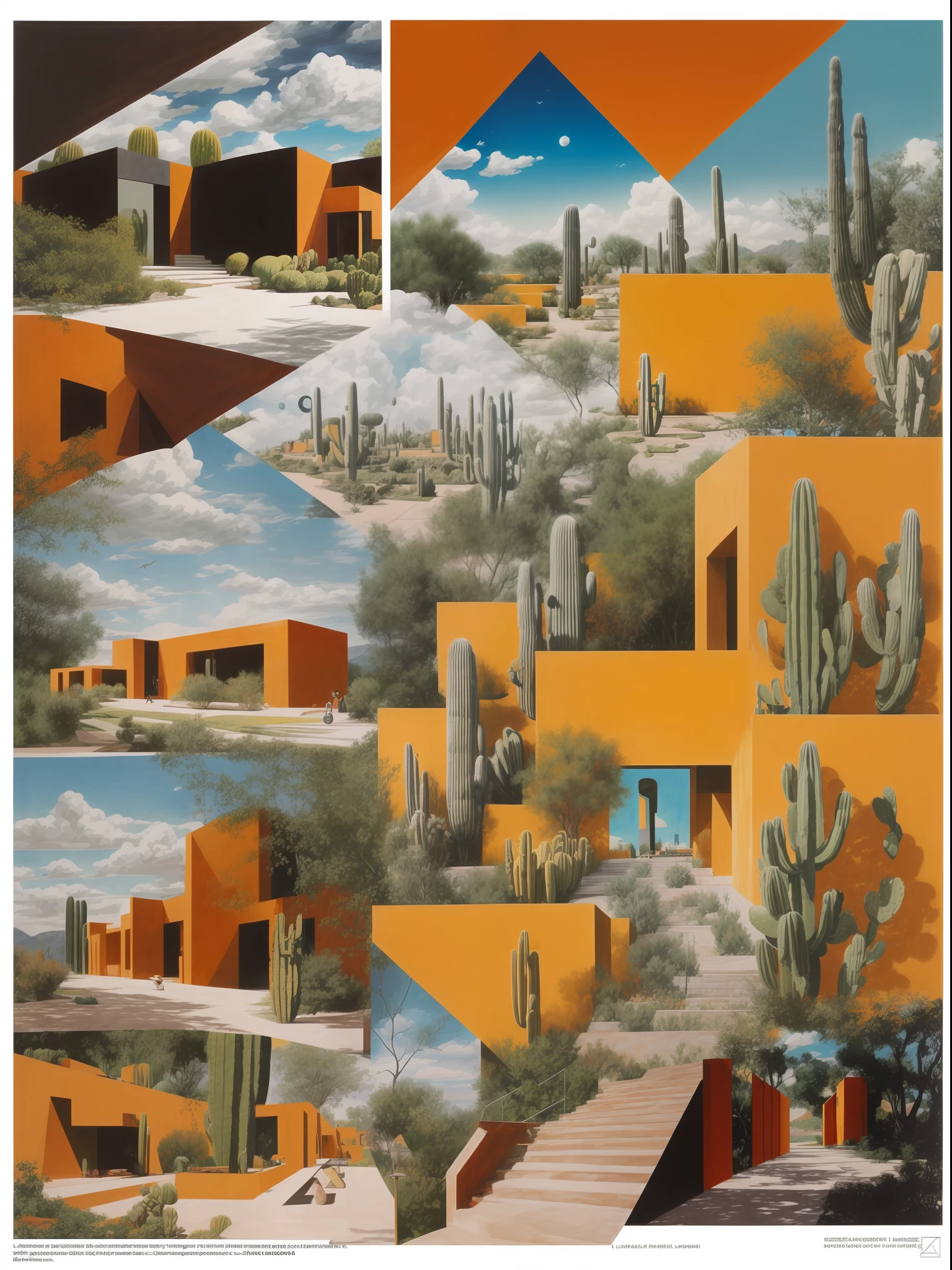 An illustration, ((collage style)), (((multiple Luis Barragan's style buildings))), (((Marie-Laure Cruschi's art style))), (sections), ((Desaturated colors)), Cbig boulders), ((lake)), cacti, (smooth clouds), a bridge, stairs, the moon, big buildings, abundant vegetation, bushes, (((big geometric sculptures))), hard shadows