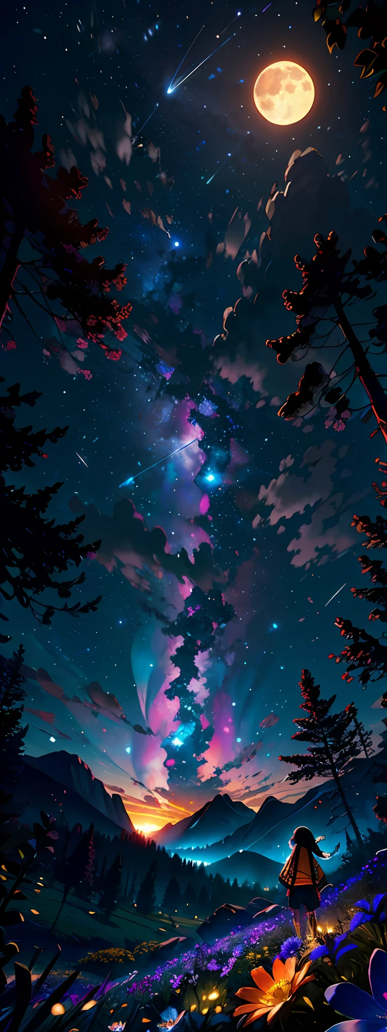 Expansive landscape photograph, (view from below with a view of the sky and the wilderness below), standing in a flower field looking up, (full moon: 1.2), (shooting star: 0.9), (nebula: 1.3), distant mountain, tree break production art, (warm light source: 1.2), (firefly: 1.2), lamp, purple and orange, intricate detail, volume lighting BREAK (masterpiece: 1.2), (highest quality ), 4k, ultra-detailed, (dynamic configuration: 1.4), highly detailed and colorful details (iridescent: 1.2), (sparkling lighting, atmospheric lighting), dreamy, magical, (solo: 1.2)