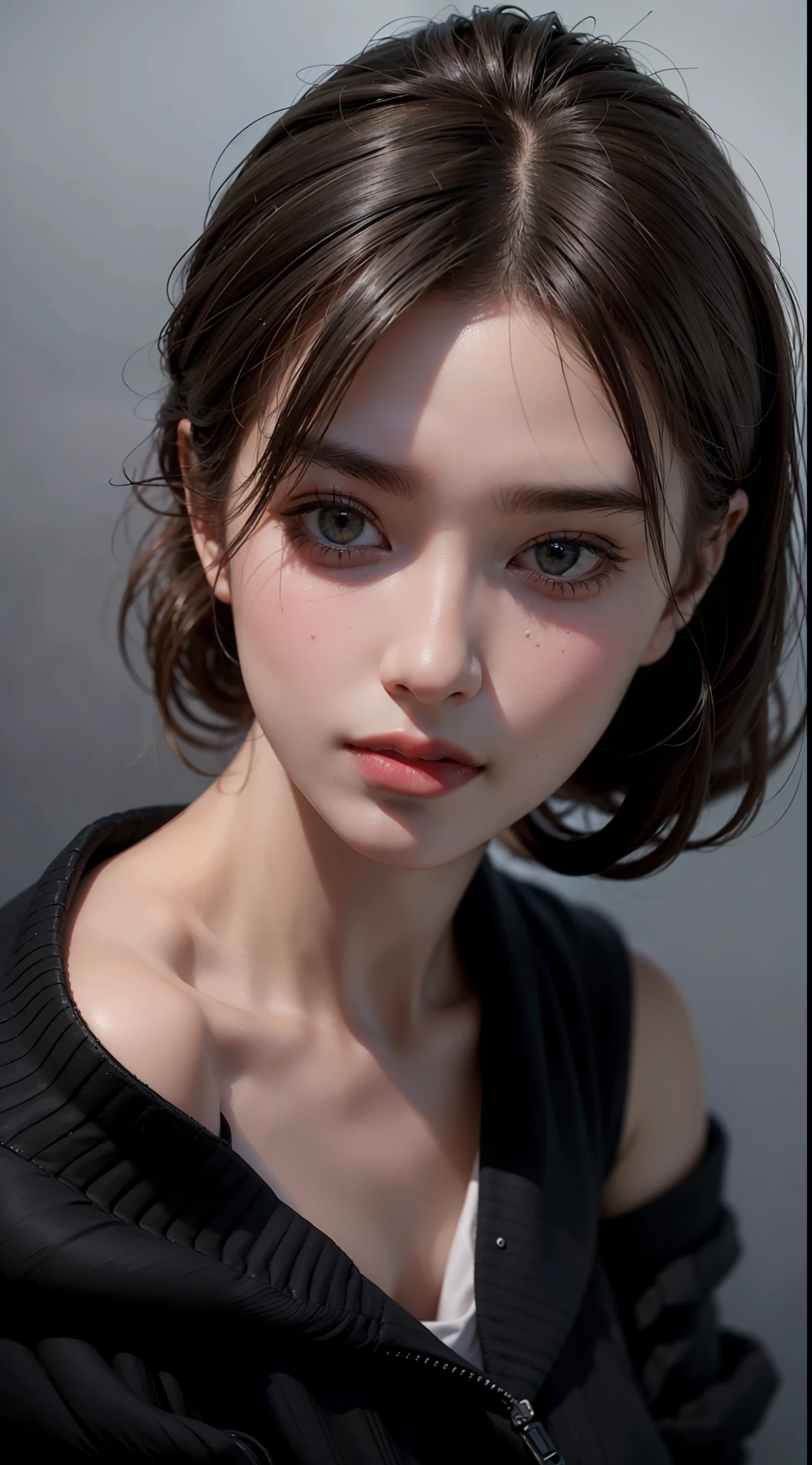 Best quality, masterpiece, ultra high res, (photorealistic:1.4), raw photo, 1girl, offshoulder, in the dark, deep shadow, low key, cold light