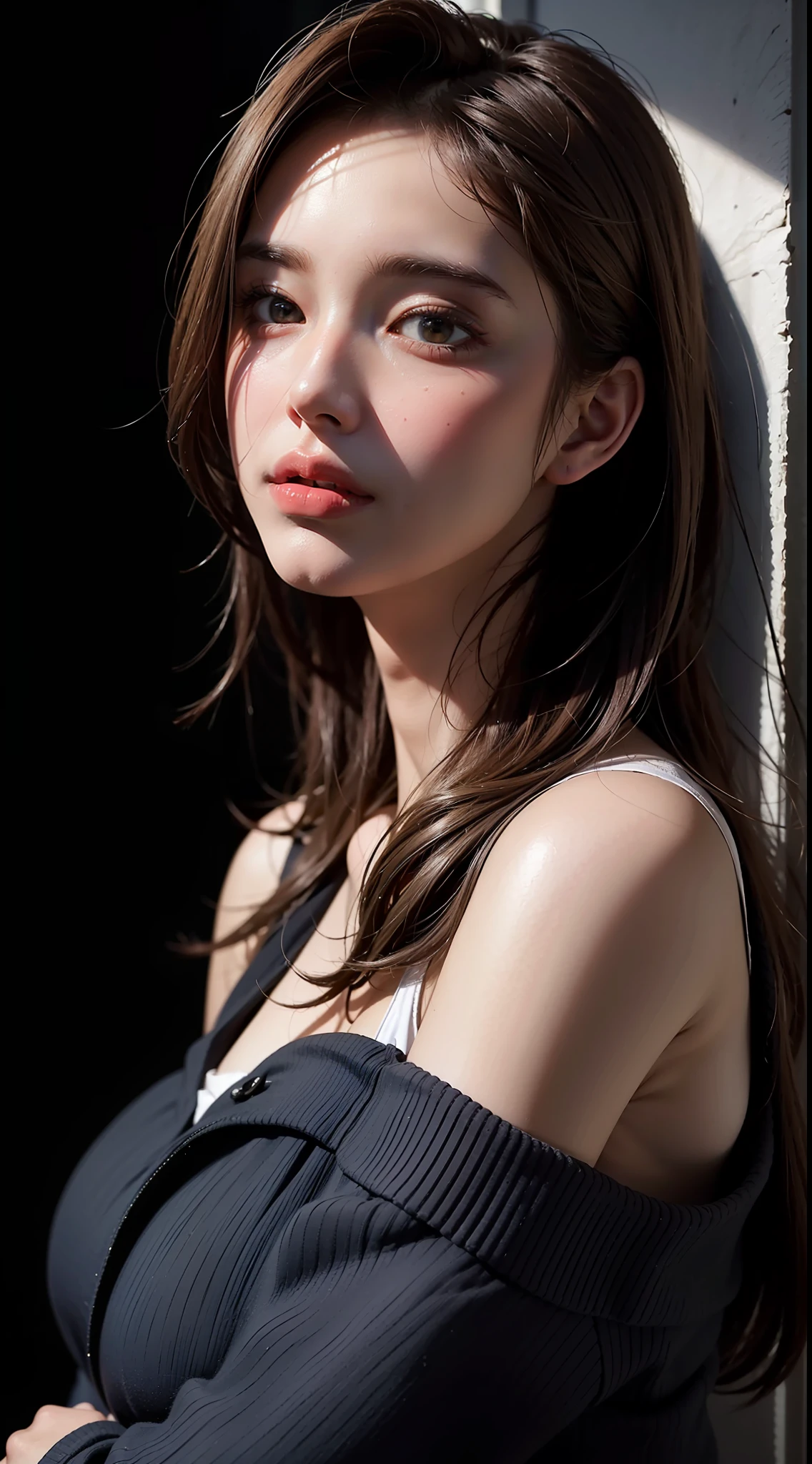 Best quality, masterpiece, ultra high res, (photorealistic:1.4), raw photo, 1girl, offshoulder, in the dark, deep shadow, low key, cold light