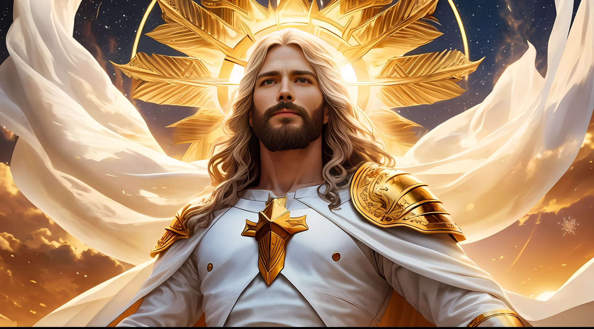 Jesus second coming in the heavens, face like the midday sun, crown, a tunic and a golden breastplate, hair as white as snow, eyes as flames of fire, feet as refined bronze in the furnace, light smile, Surrealism, backlighting, cinematic lighting, high quality, high details, best quality