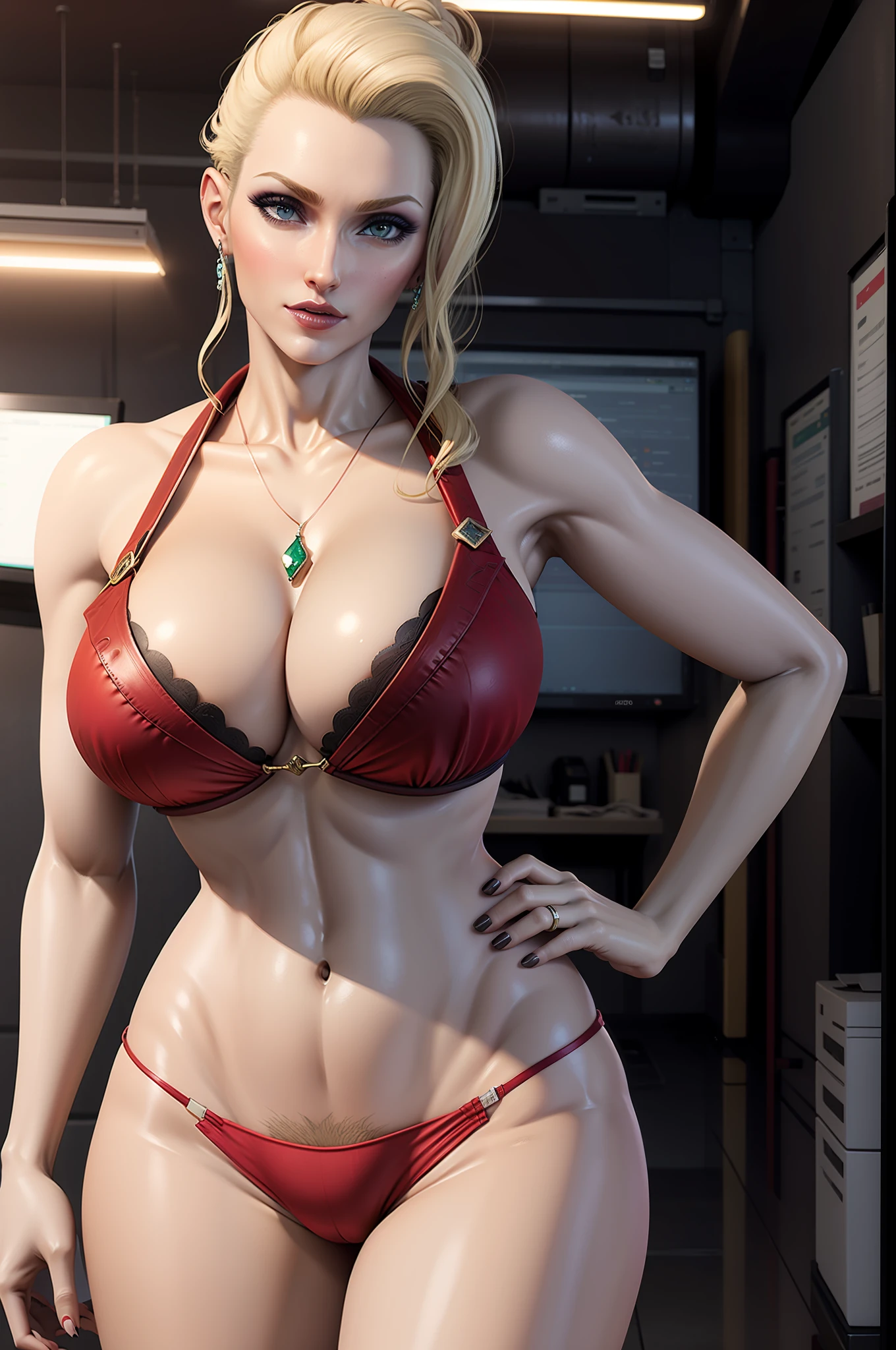 masterpiece, best quality,3d render ,3DMM style,close-up, 3D,1girl, solo, black hair, realistic, upper body, dark futuristic office background, makeup, (huge breasts) realistic natural breasts, cleavage, standing, arched back, cameltoe, (red bikini:1.3), (blonde hair clipped up:1.2) big ass, cleavage, view from behind