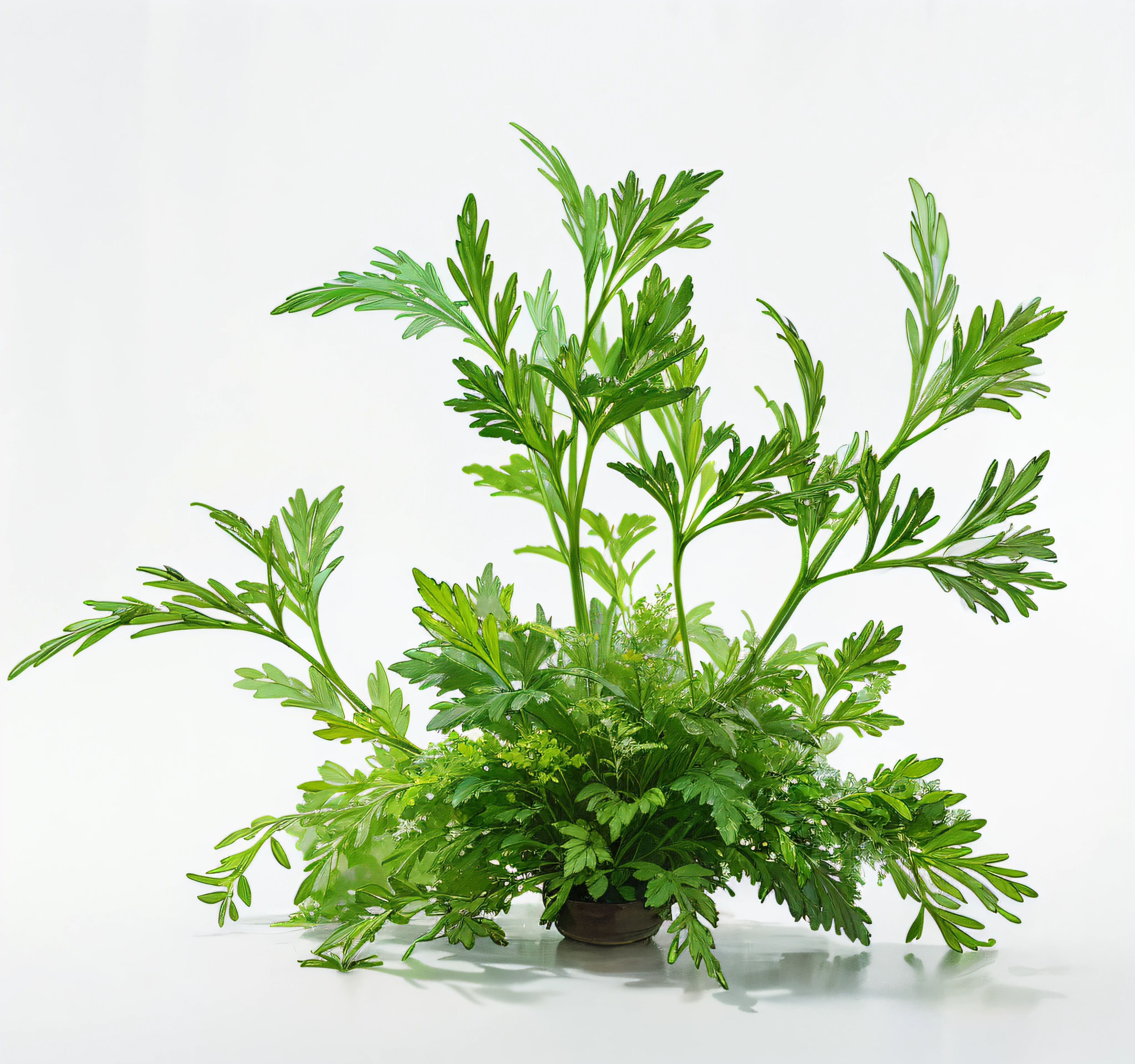 there is a plant that is growing out of a pot, Wormwood, green plant, herbs, botanical photo, green foliage, plant photography, On a white background, high detail product photo, green plant, herb, botanic foliage, greens), alien foliage plants, Greenery, large bosum, basil leaves instead of leaves, on a gray background, photograph of april