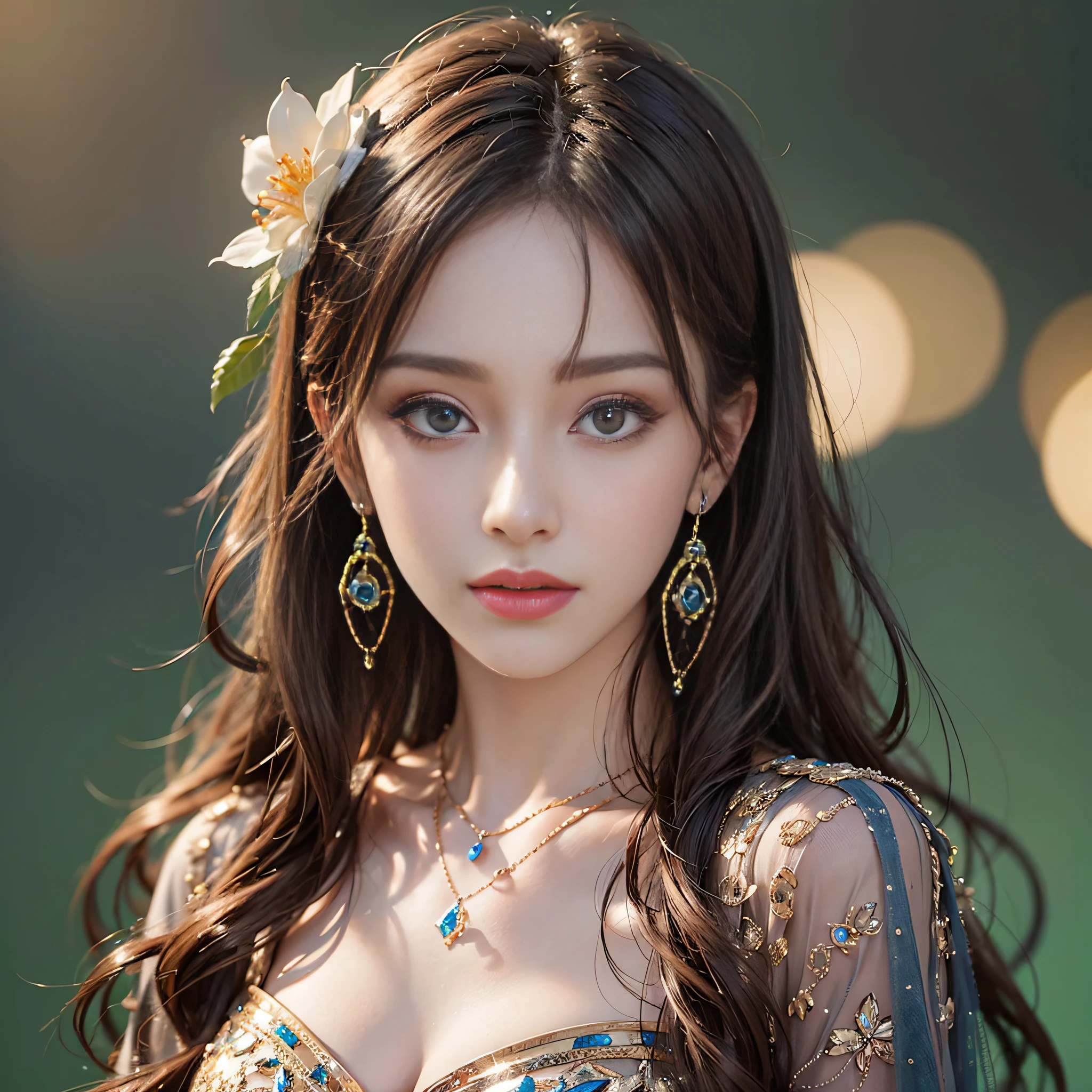 (A Masterpiece)、(maximum quality)、(Realistic)、Charming daughter、Portrait of a beautiful girl、Transparent eyes、beautifuldetailedeyes、Glitter eyes、Glowing eyes、flawless face、Beautiful nose、Beautiful mouth、Pretty lips、fine-grained skin、portrait shooting、Professional artwork、in 8K、photo-realistic、long dress、Elegant face、flawless anatomy、Perfect female body:1.4、Ultra-realistic painting:1.4、Ultra-precision painting:1.4、HDR:1.4、HQ、RAW Photography、necklaces、earings、