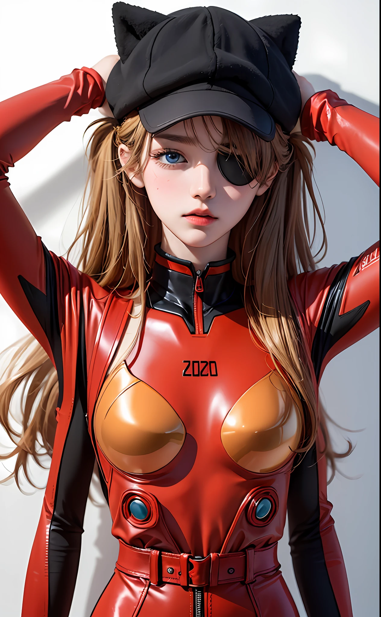 (A Masterpiece:1.4、maximum quality)、(intricate detail)、Unity8k wallpapers、ultra- detailed、Beautiful and mysterious、Detailed Background、Realstic、solo、Perfectly detailed face、Detailed blue eyes、highly-detailed、blushed、hair ornamen、Chignon mahogany hair、(Blonde hair)、Plug Suit 02,Shikinami Asuka Langley、Evangelion、Slender 15 year old girl、Black strap eyepatch over left eye、Full body suit、black back ground、On the waist、Pirate Hat、Red chest、Red Jersey、White lines on arms