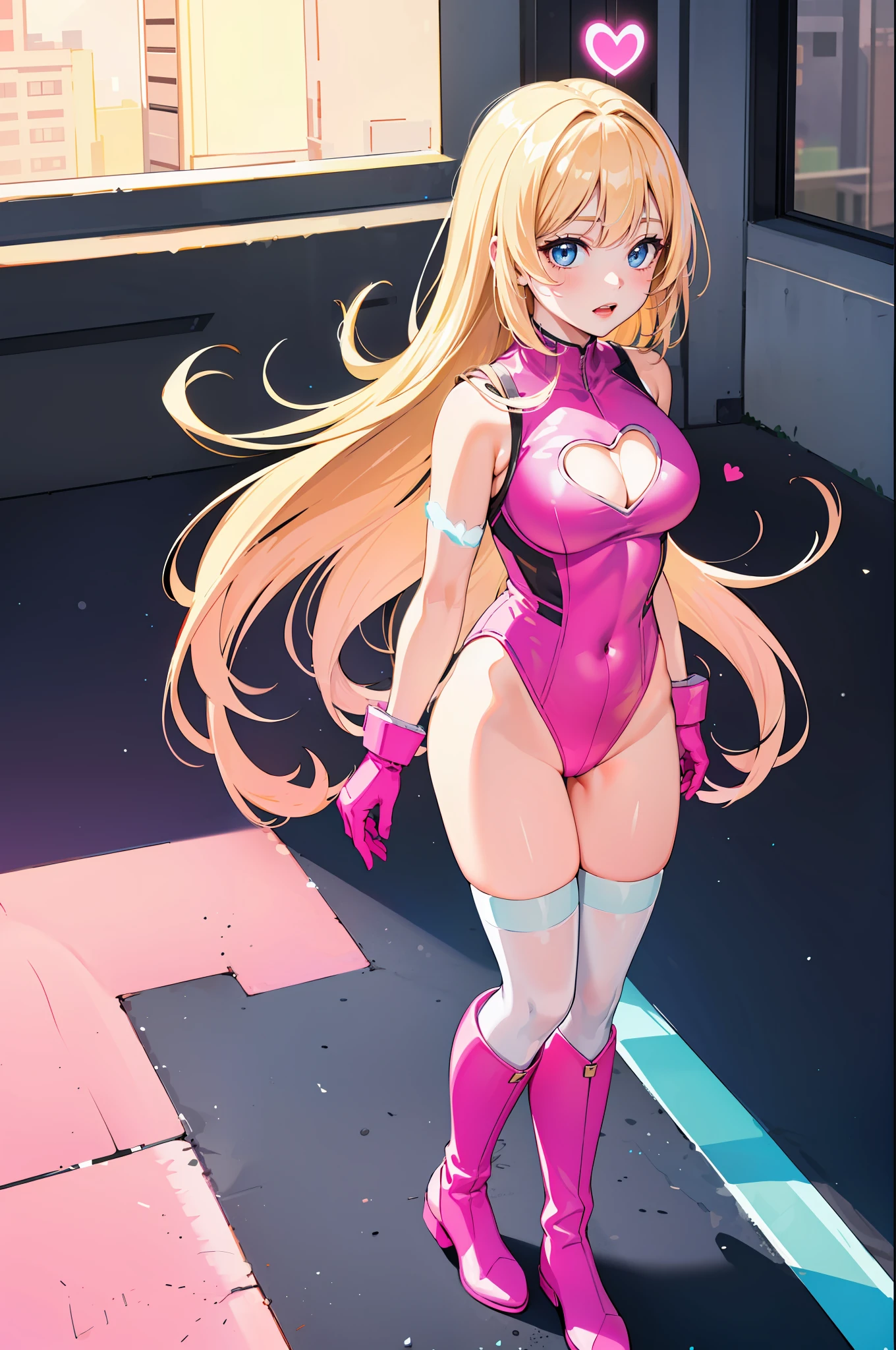 masterpiece, best quality, highres, 1girl, solo, superhero, leotard, bare legs, matching boots, aura, blue aura, sleeveless, looking at viewer, light particles, city backdrop, perfect hands, perfect eyes, powering up, perfect leotard, perfect legs, perfect arms, perfect fingers, medium breasts, pink leotard, standing, blonde hair, long hair, knee boots, blue eyes, heart cutout, cute face, hair down, bangs, sleeveless, pink gloves, pink footwear, cleavage cutout,