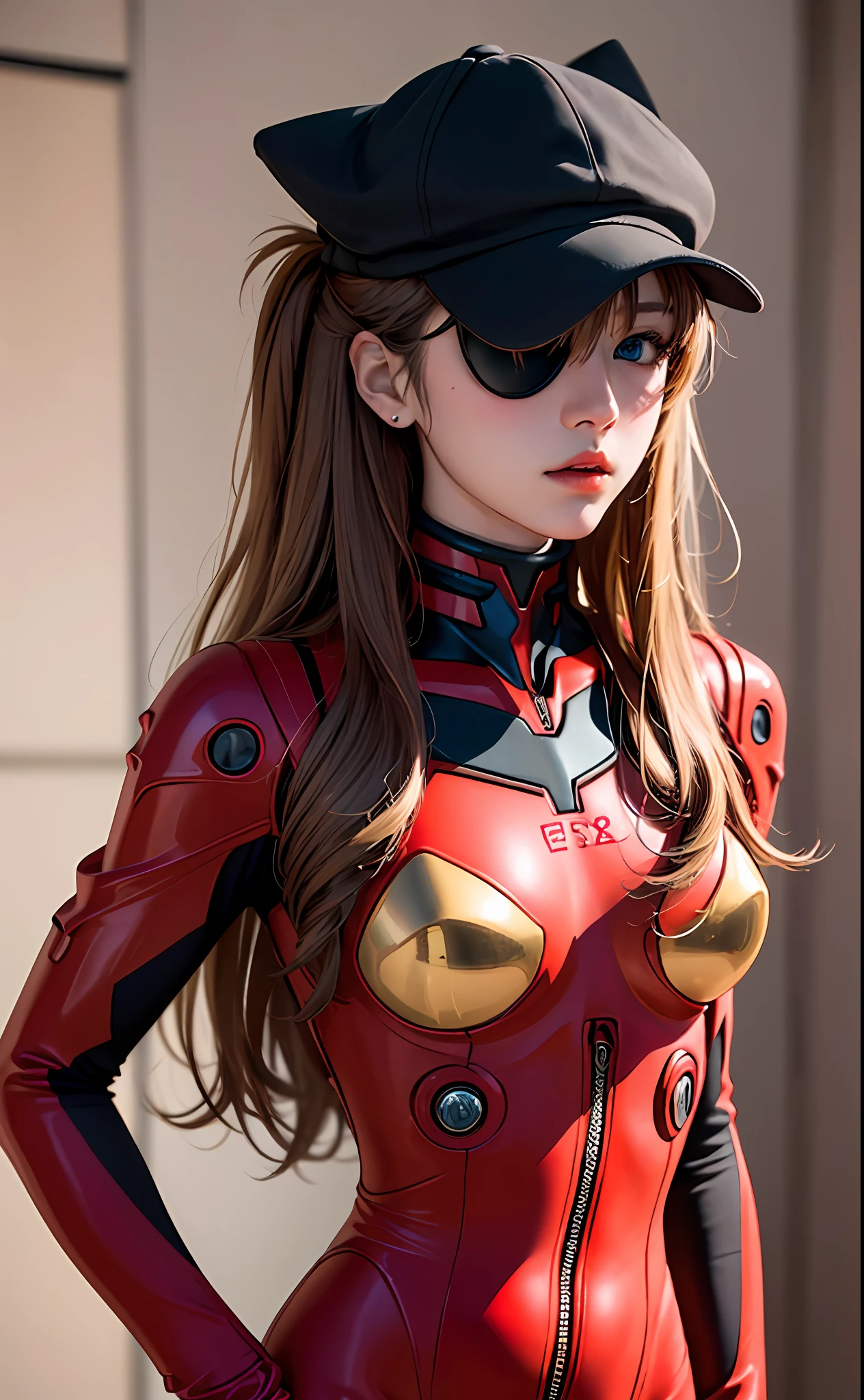(A Masterpiece:1.4、maximum quality)、(intricate detail)、Unity8k wallpapers、ultra- detailed、Beautiful and mysterious、Detailed Background、Realstic、solo、Perfectly detailed face、Detailed blue eyes、highly-detailed、blushed、hair ornamen、Chignon mahogany hair、(Blonde hair)、Plug Suit 02,Shikinami Asuka Langley、Evangelion、Slender girl、Black strap eyepatch over left eye、Full body suit、black back ground、On the waist、Pirate Hat、Red chest、Red Jersey、White lines on arms
