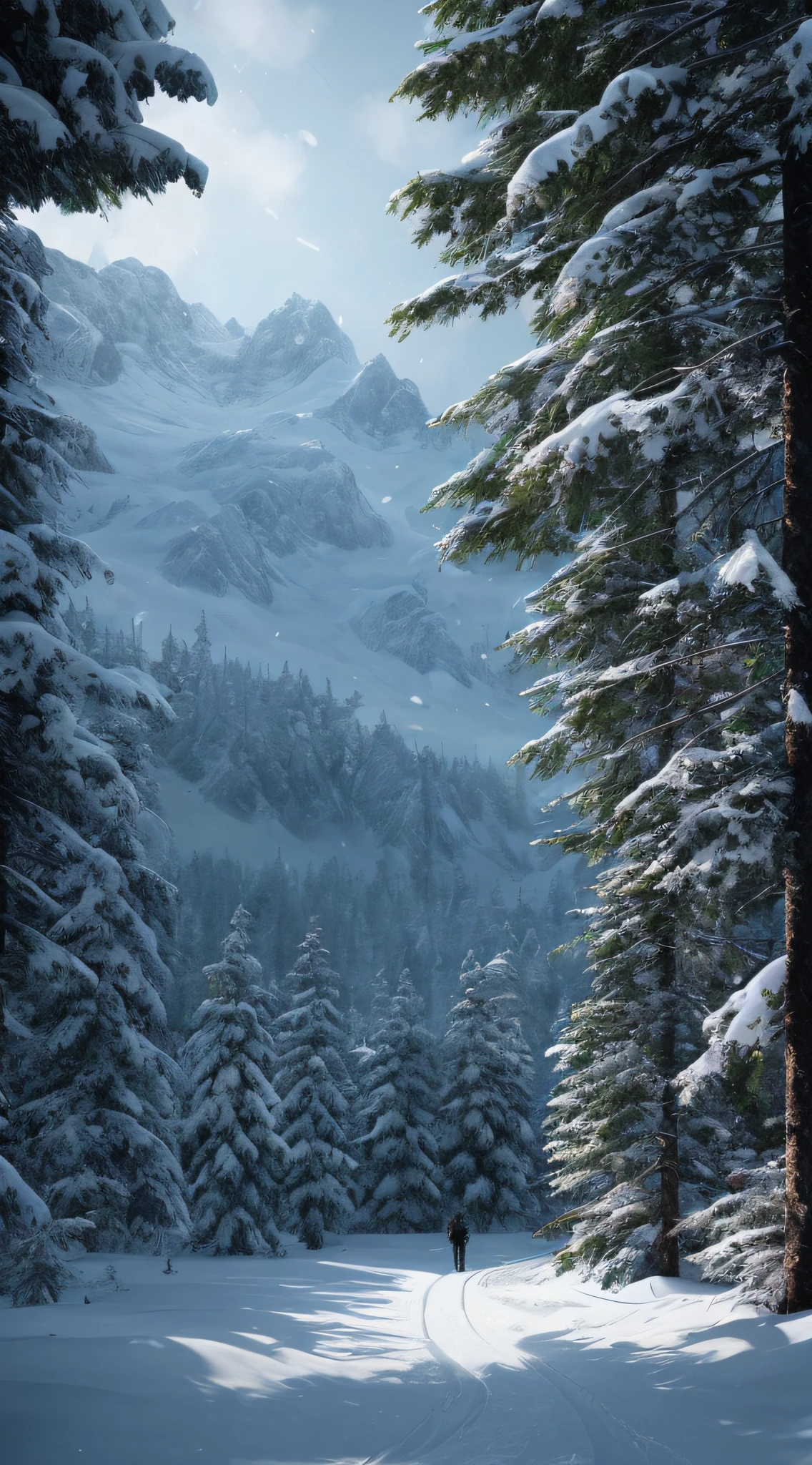 masterpiece, best quality, high quality, extremely detailed CG unity 8k wallpaper, taiga, silence, towering conifers covered with forest floor, harsh cold climate, serene beauty, snow, winter, mild summer, breeze, needles, branches, bokeh, depth fields, HDR, flowering, chromatic aberration, photorealistic, extremely detailed, popular on artstation, popular in CGsociety, complex, high detail, dramatic, art halfway