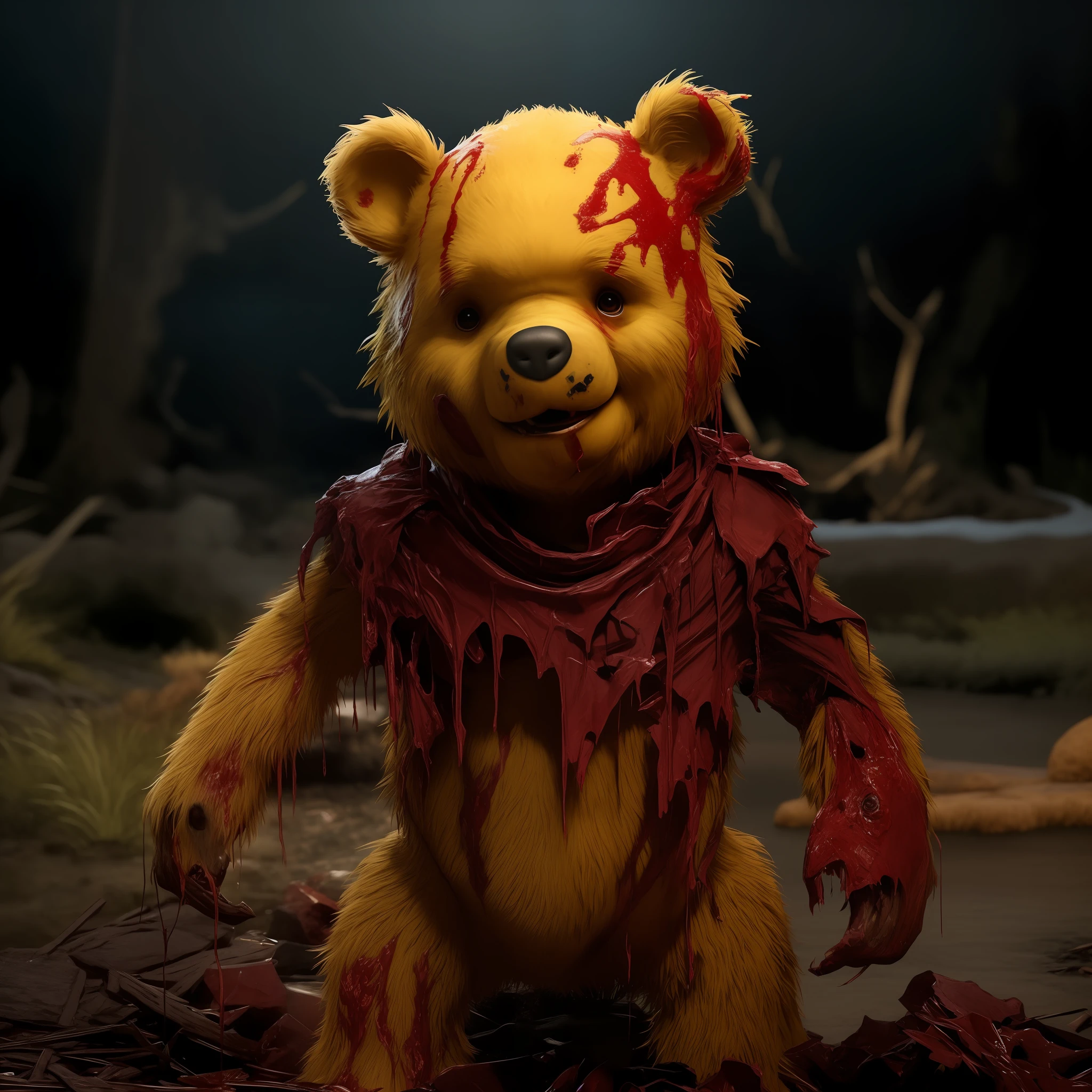 araffe dressed as a bear with blood on its face, epic titan winnie the pooh, small character. Unreal Engine 5, wojtek fus, made in unreal engine 5, rendered in unreal engine 5, created in unreal engine 5, rendered unreal engine 5, in the art style of filip hodas, unreal engine 5 highly rendered