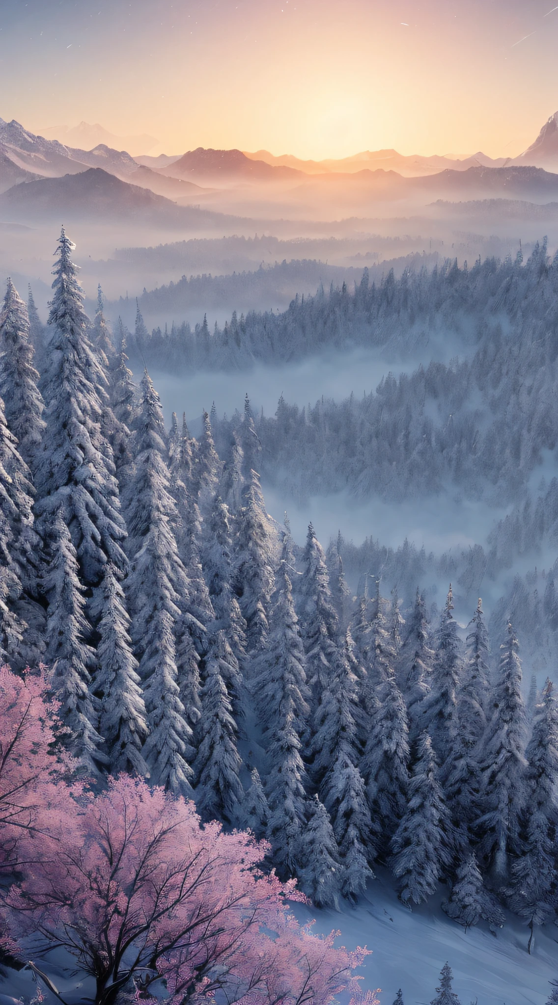 masterpiece, best quality, high quality, extremely detailed CG unity 8k wallpaper, taiga, silence, towering conifers covered with forest floor, harsh cold climate, serene beauty, snow, winter, mild summer, breeze, needles, branches, bokeh, depth fields, HDR, flowering, chromatic aberration, photorealistic, extremely detailed, popular on artstation, popular in CGsociety, complex, high detail, dramatic, art halfway