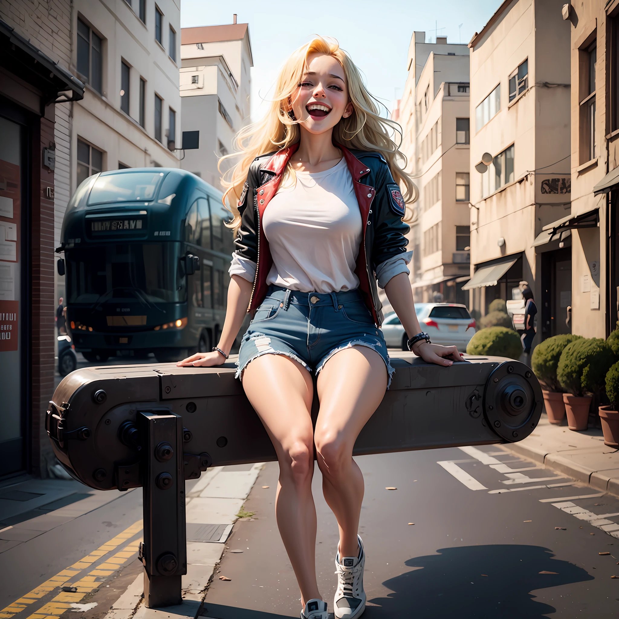 maximum quality,A Masterpiece,Blonde Beautiful Girl,Big laugh,America,Urban Warfare --auto
