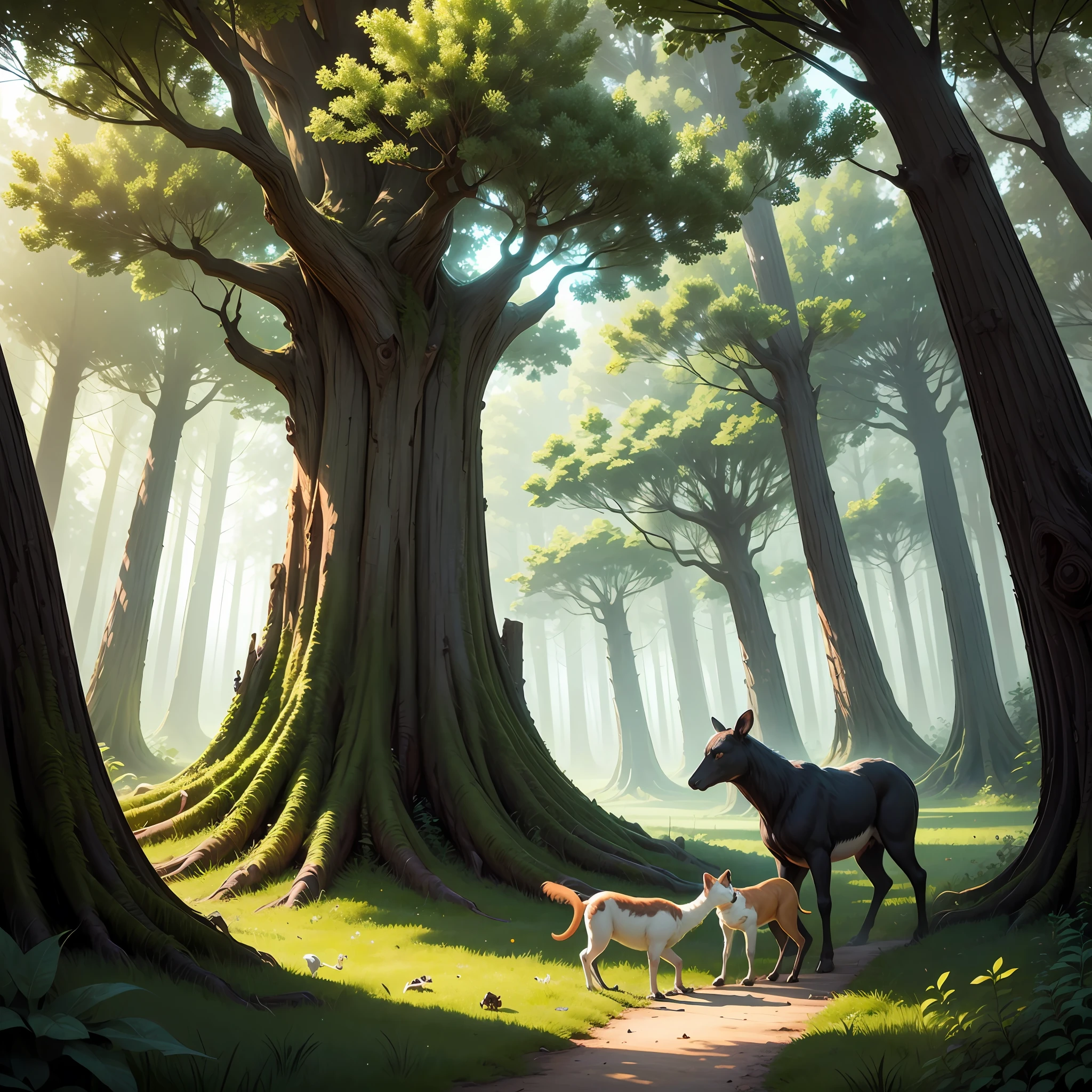 A forest with very bright, hyper realistic trees with some animals for children's story, very flashy in 16k --auto