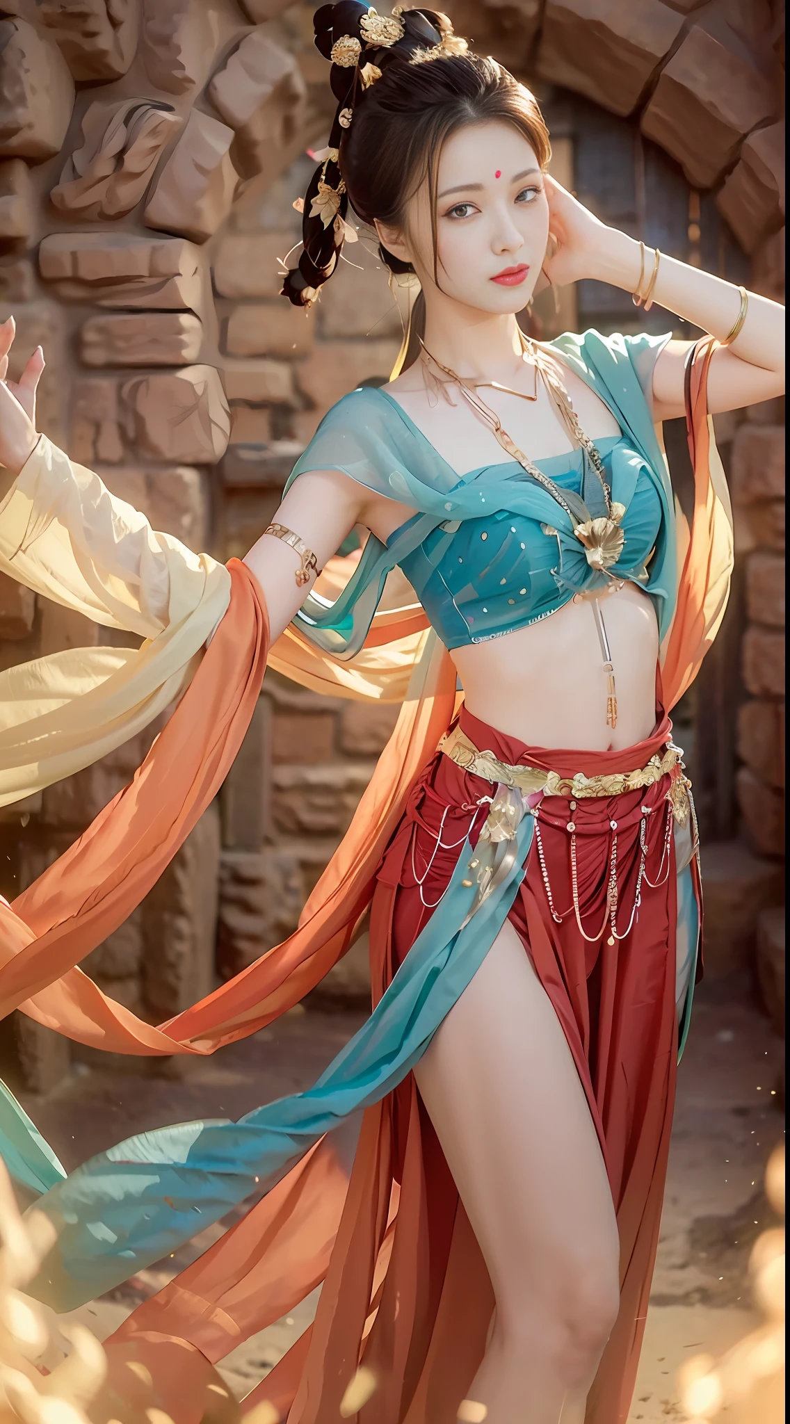 (8k, RAW photo, best quality, masterpiece:1.2), (realistic, photo-realistic:1.4), (extremely detailed CG unity 8k wallpaper), (1 girl:1.5), Western beauty, (Red clothes: 1.4), red spots on forehead, pale skin, blush, big eyes, full body, thighs, open navel, gold waist chain, gold jewelry, flying ribbons, particles, background is Loulan ancient city, ancient city wall, desert, dance, dunhuang_dress, dunhuang_style,