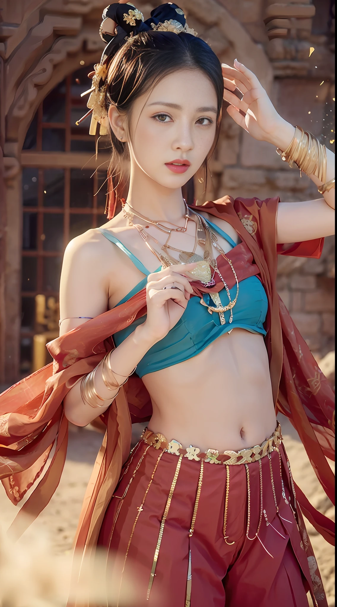 (8k、RAW Photography、maximum quality、A Masterpiece:1.2)、(Realstic、photo-realistic:1.4)、(highly detailed CG unified 8k wallpaper)、(1女の子:1.5)、Western beauty、(red clothing:1.4)、Red spots on the forehead、Pale skin、blushed、big eye、all over the body、thighhights、open navel、Gold waist chain、Gold Jewelry、ribbons、Particle、The background is the ancient city of Loulan、Ancient city walls、desert、dance、 dunhuang_dress、dunhuang_style、